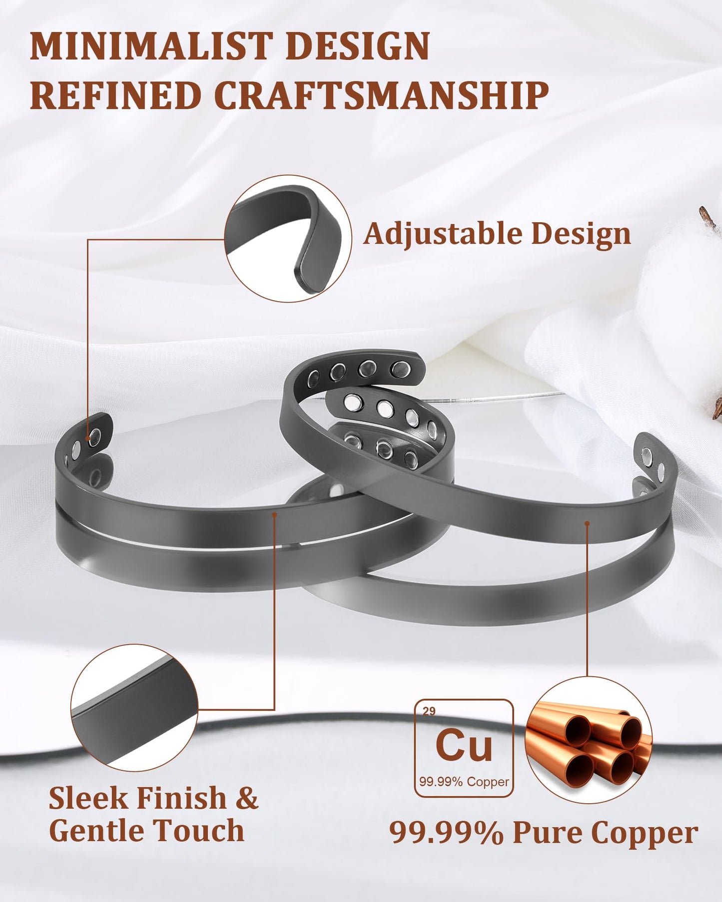 BioMag 2Pcs Copper Bracelets for Women Men, 99.99% Pure Copper Cuff Bangle with 8 Magnets with 3500 Gauss Magnets, Adjustable Size, Simple and Stylish Design