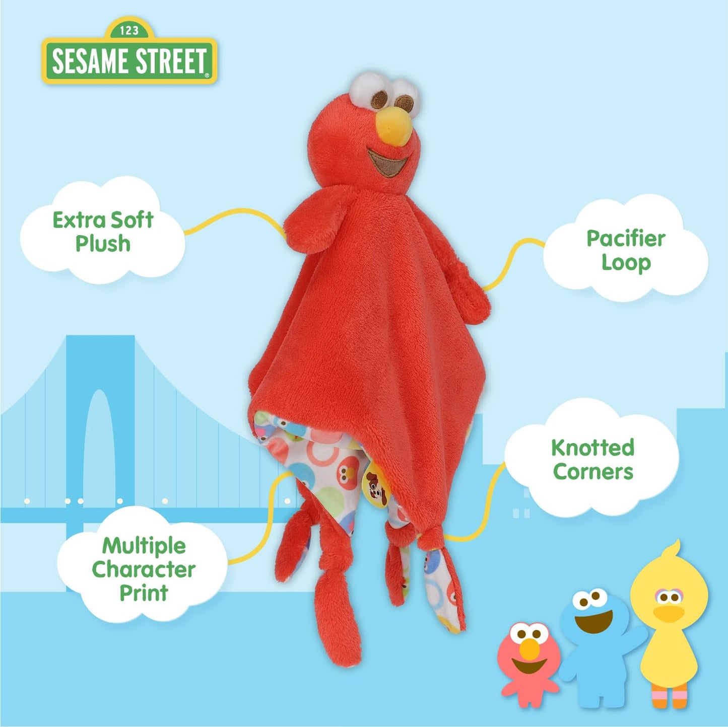 Kids Preferred Sesame Street Elmo Blanky Made of Soft Material with Knotted Corners and Pacifer Loop for Babies and Infants