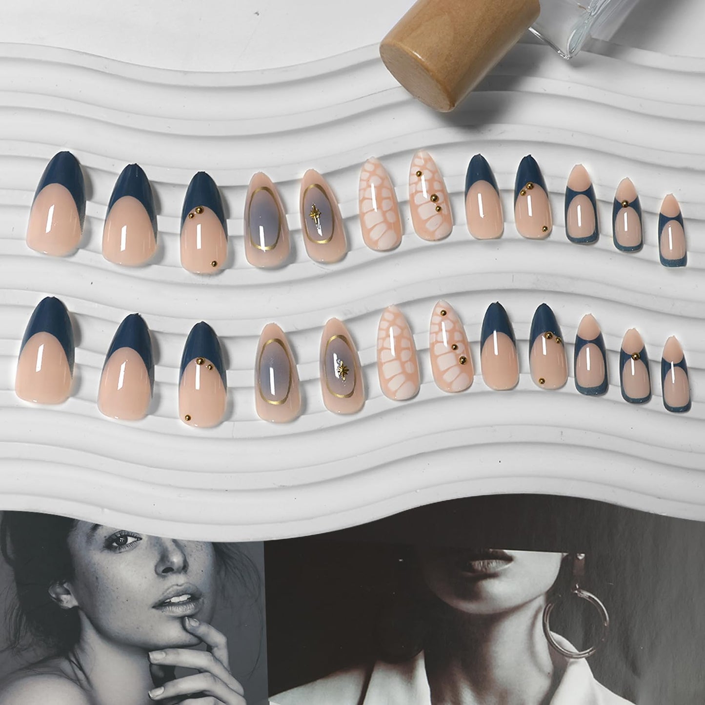 VOTACOS 24PCS Dark Blue French Tip Press on Nails Almond Medium Nude Acrylic Fake Nails Press Ons with Designs Golden Bead Star Glue on Nail for Women Blush Reusable Artificial Stick on False Nail