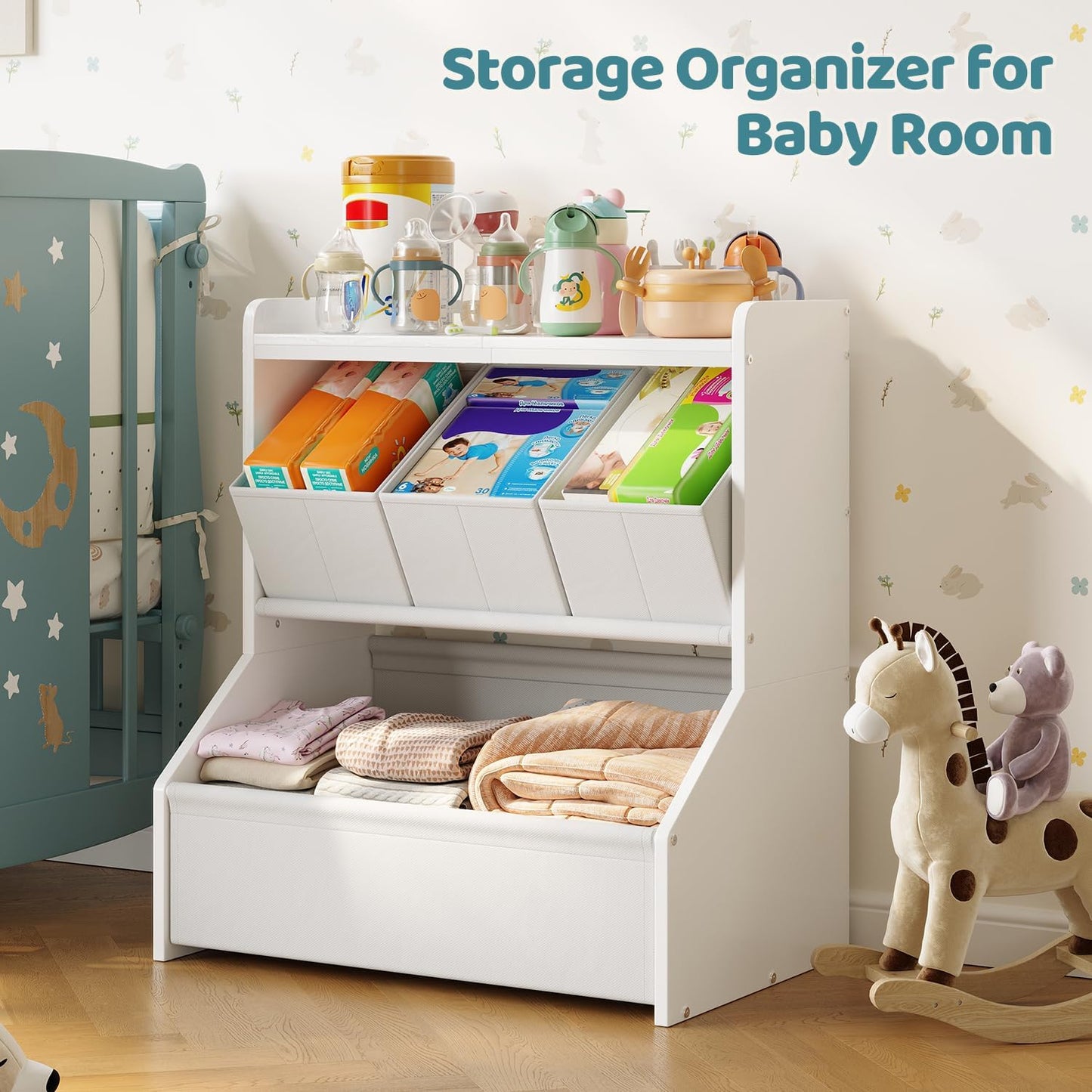 FOUCSSOMEI Kids Toy Storage Organizer, 3-Tier Toy Storage Shelf, Narrow Toy Organizer with Removable Bins, Safe Stable Design for Playroom Nursery Living Room, Patent Design