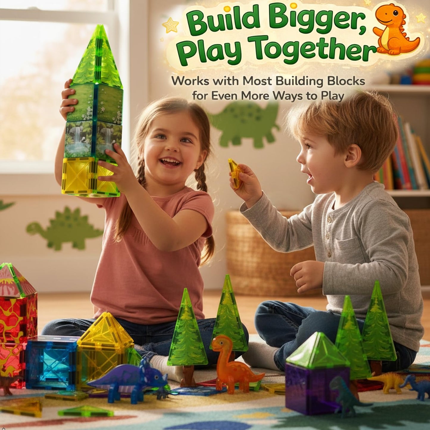 LATI Magnetic Tiles Dinosaur Building Set, Dino World Magnet Blocks with Double-Sided Egg Hatch Story, STEM Construction Toy for Kids Ages 3+, Educational Gift for Boys & Girls
