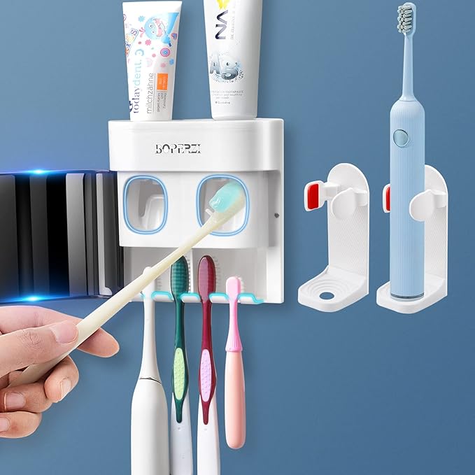 Boperzi 2 Pack Electric Toothbrush Stander and Toothbrush Holder Wall Mounted Automatic Toothpaste Dispenser Dustproof Cover Toothbrush Holder for Shower Bathroom Set Kids Family(Black+2 Pack)