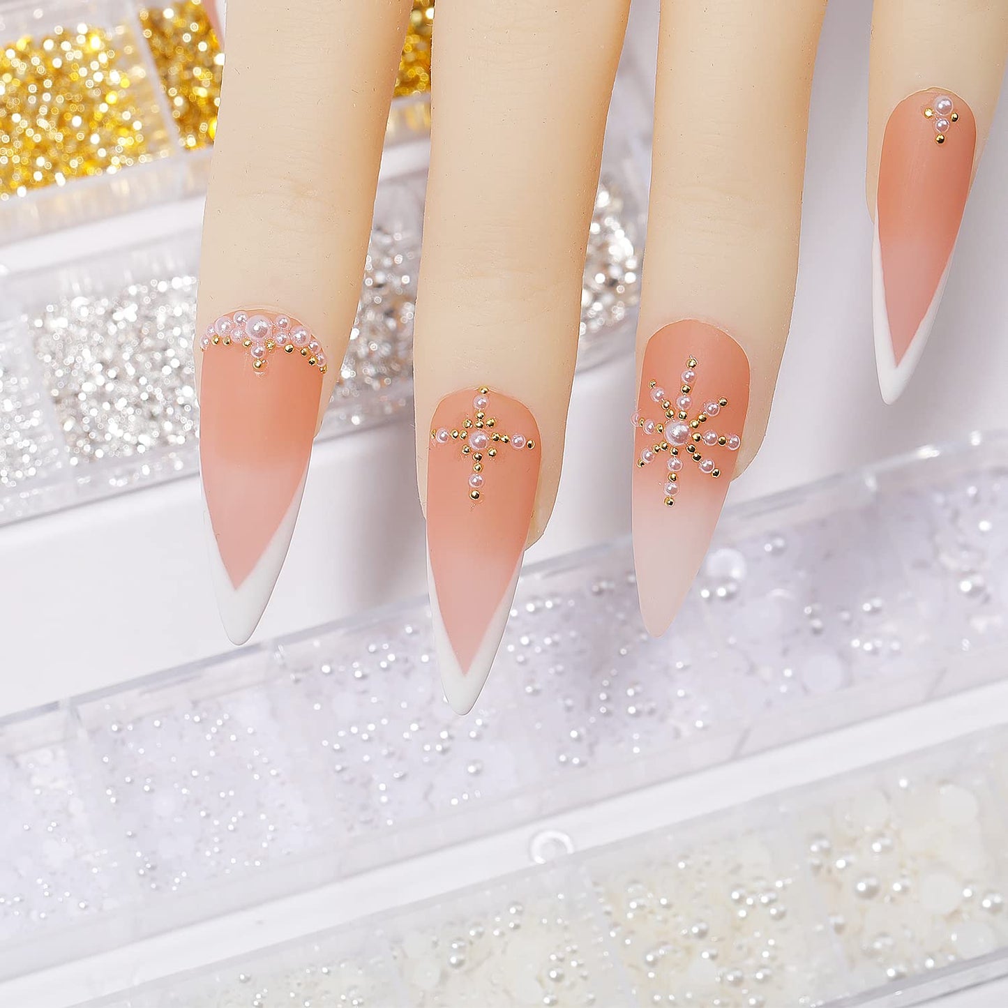 DZHILHMX Nail Charms - Metal Gold & Silver, Flat Back Round Nail Art Charms, Small Nail Pearls, 3D Mixed Sizes Decorations for Nails