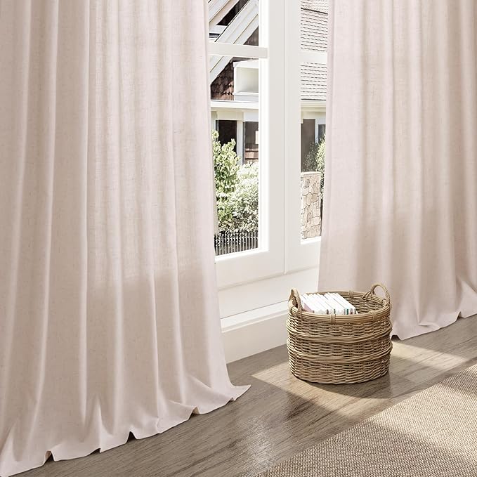 Nanspring Natural White Linen Curtains 84 Inch Length for Living Room Burlap Light Filtering Semi Sheer Curtain Back Tab Neutral Farmhouse Privacy Drapes for Bedroom Office 52x84, 2 Panels