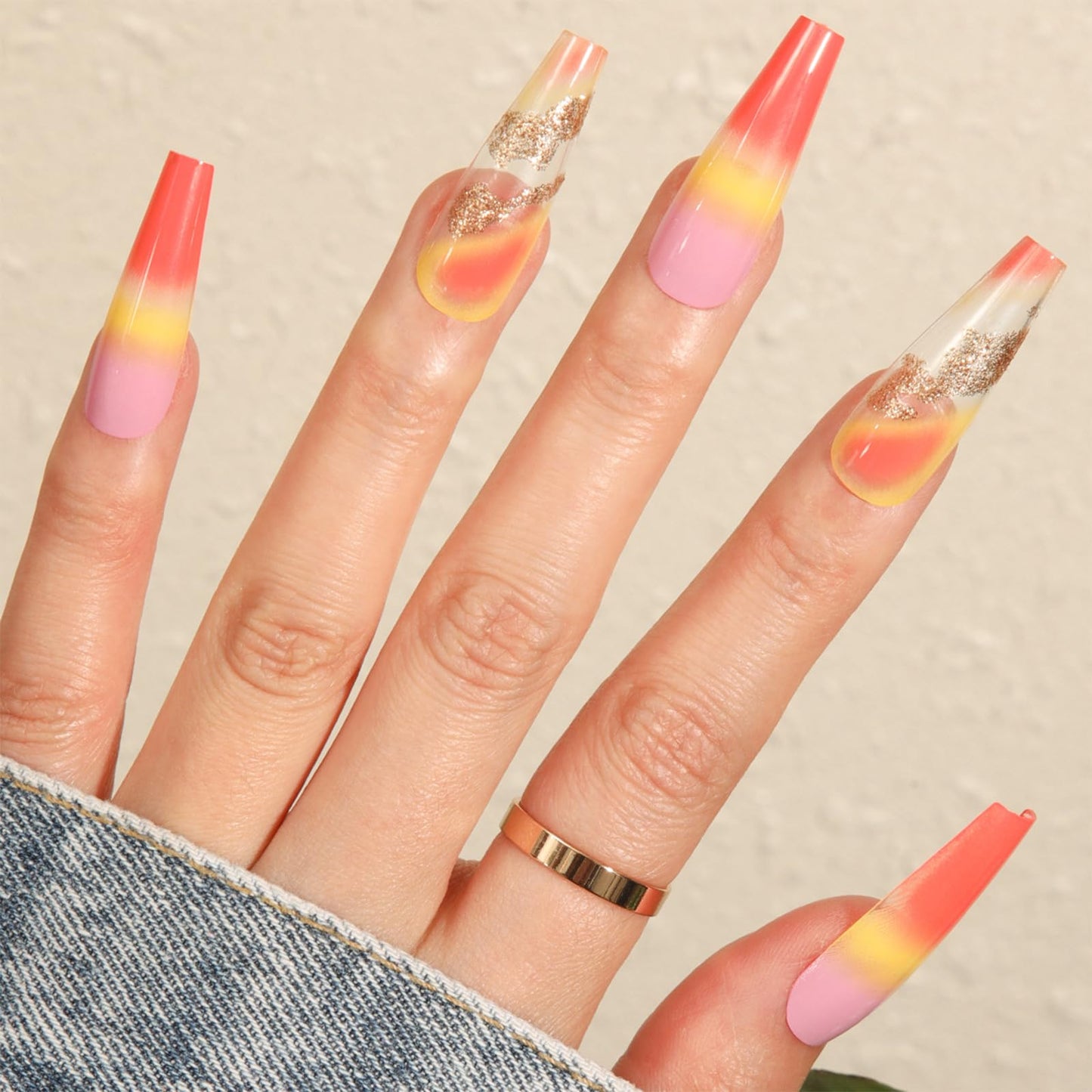 IMSOHOT Long Press on Nails Coffin French Tip Fake Nails Yellow Orange Gradient False Nails with Gold Foil Designs Clear Glossy Glue on Nails