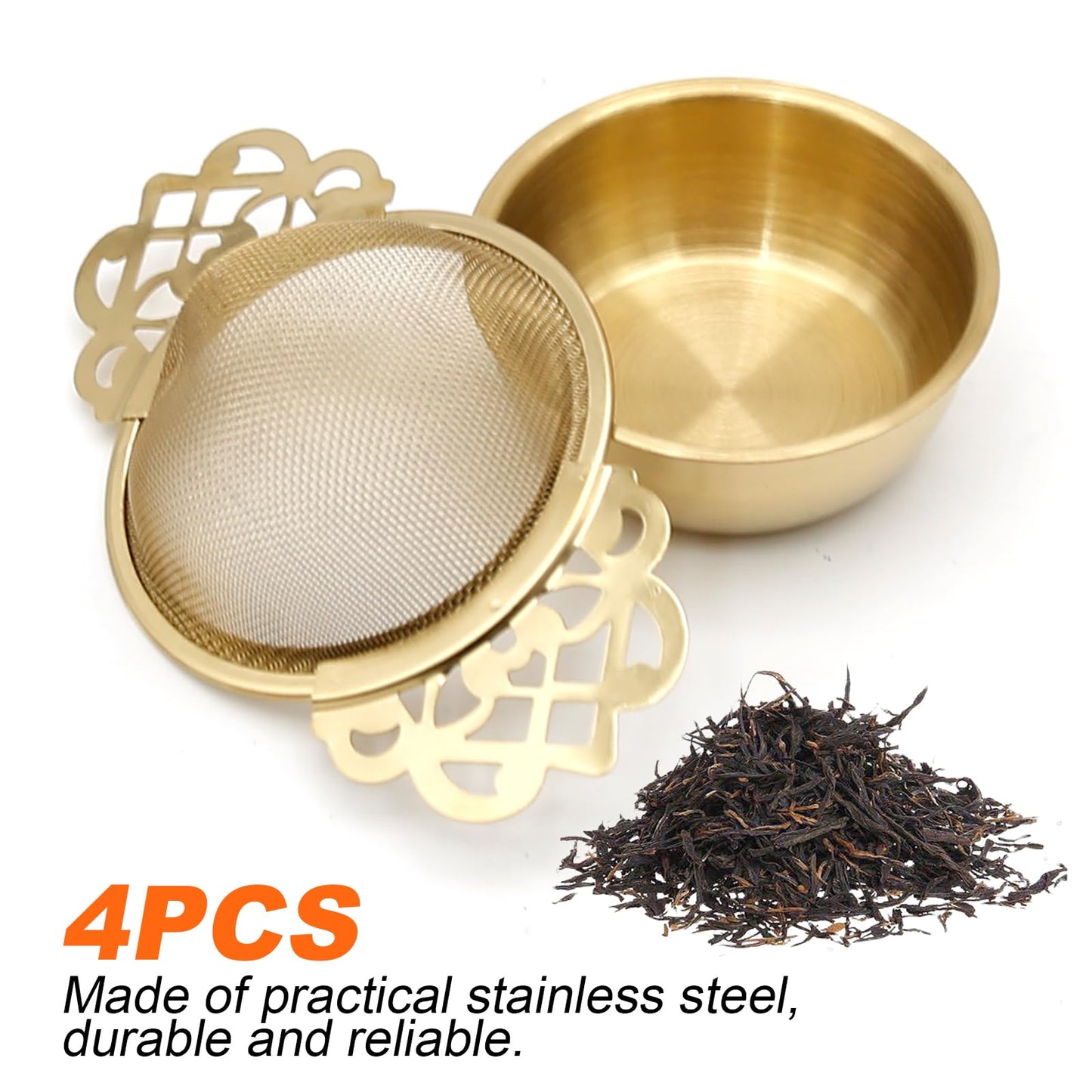Aynaxcol 304 Stainless Steel Tea Drain Strainer Tea Filter Mesh Tea Drip Bowls Teapot Strainer With Petal Handles Tea Divider, Pack Of 4