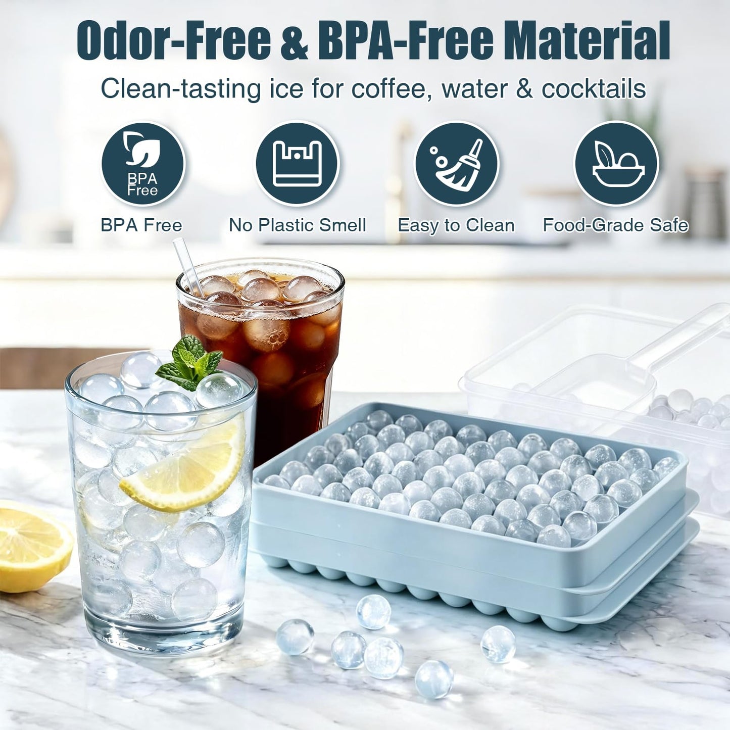WIBIMEN Mini Ice Cube Trays, 0.55” Tiny Pebble Ice for Iced Coffee & Cocktails, Fast Chill, Easy Twist Release, Stackable with Lid & Storage Bin (2 Pack, Blue)