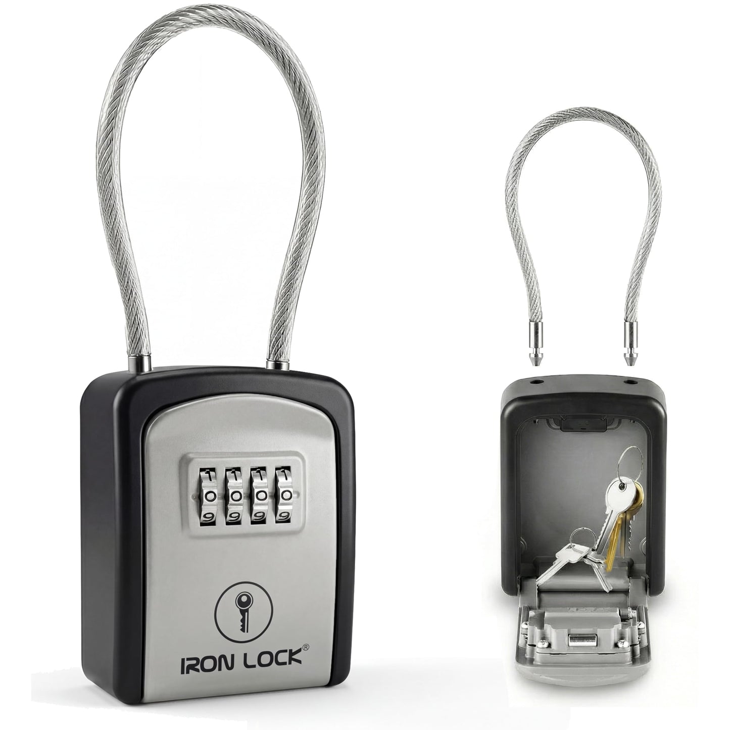 Iron Lock® Key Lock Box Portable with Cable Shackle – Small Waterproof Heavy-Duty Metal Safe with 4-Digit Combination for Spare Keys Outside on Door Knob, Fence, Pipe or Gate (Grey, Small)