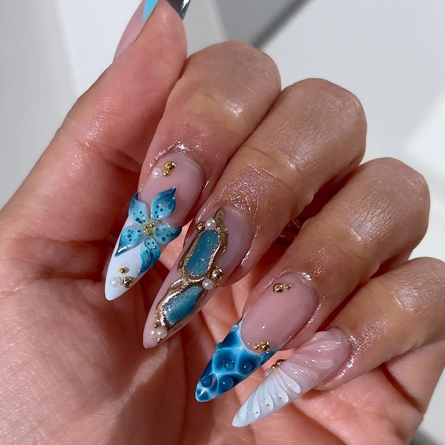 Handmade Almond Press on Nails Long Tip False Nails Summer French Tip Nails Press Ons with 3D Flowers Design Reusable Fake Nails Luxury Full Cover Stick on Nail for Women Manicure 10Pcs (Size M)