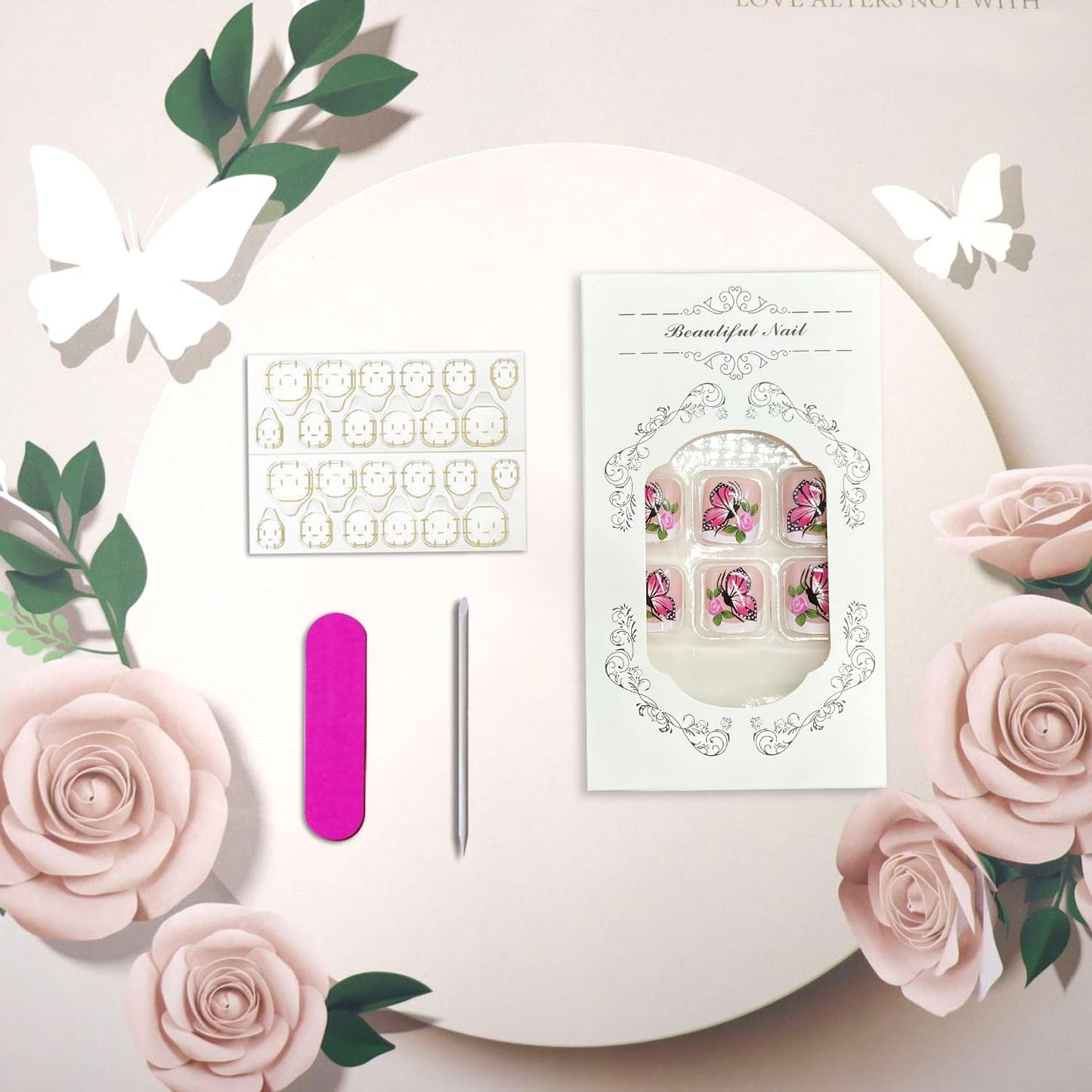 Flower Butterfly Press on Toenails Summer False Toenails White French Tip Toe Nails Reusable Full Cover Toe Nails for Women
