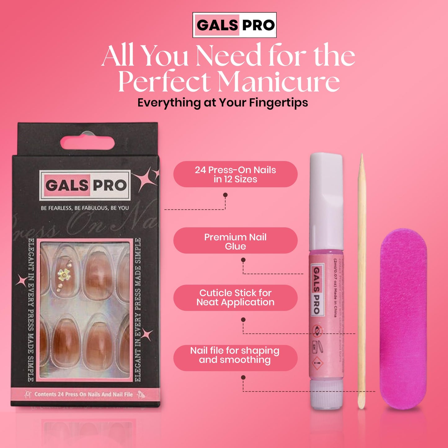 GALSPRO Short Press on Nails - Set of 24 Fake Nails with Designs in 12 Different Sizes for Perfect Fit, Cute False Nails Kit for Women with 0.07oz Nail Glue (SHINY GLAM COFFIN SHAPE, Short)