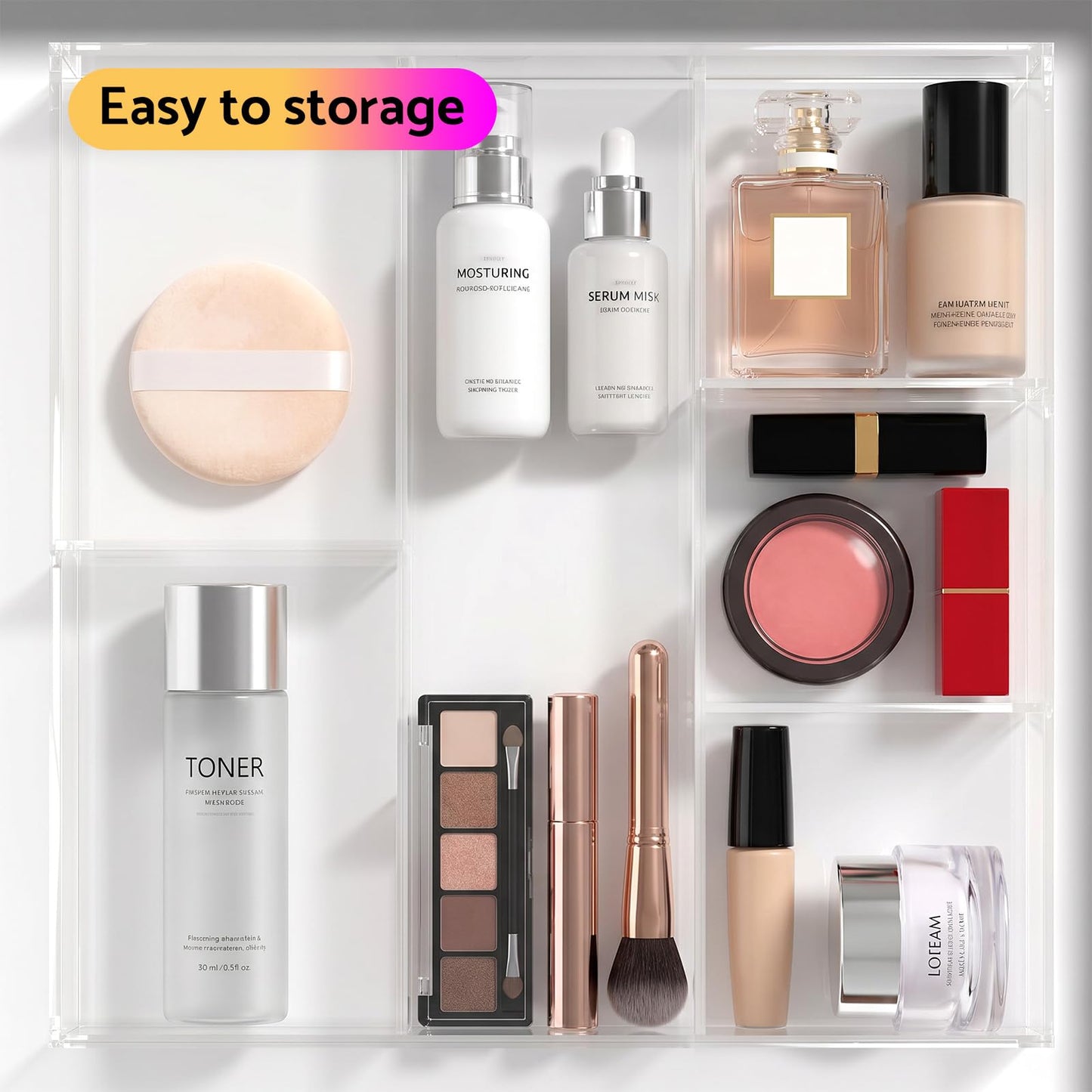 HIIMIEI Acrylic Drawer Organizer, 6 Section Clear Makeup Tray Organizer for Drawer Office Bedroom(11.8x11.8 inch)