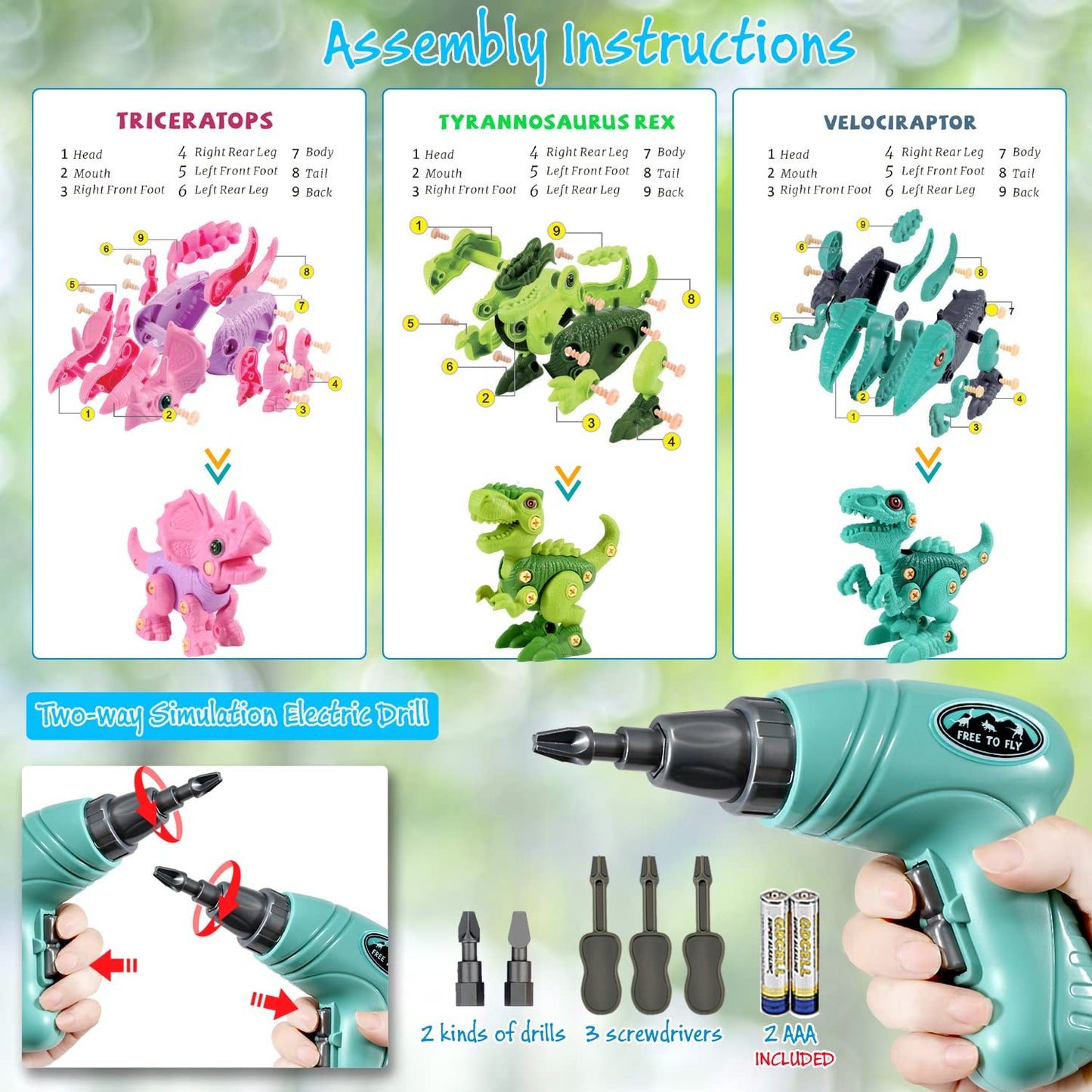 FREE TO FLY Dinosaur Toys for 3 4 5 6 Years Old Girls, Take Apart Dinosaur Learning Toys for Kids 3-5 5-7, STEM Building Construction Set with Electric Drill, Birthday Ideas