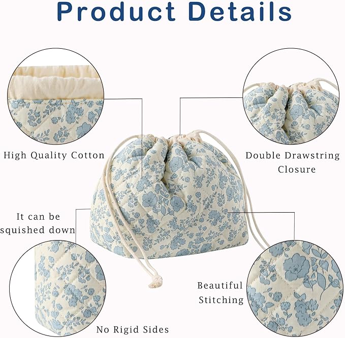 3Pcs Aesthetic Cotton Quilted Drawstring Makeup Bag Set, Cute Flowers Makeup Pouch for Girls and Women, Coquette Travel Organized Cosmetic Bags for Purse, Toiletry Bag (07Blue Flower)