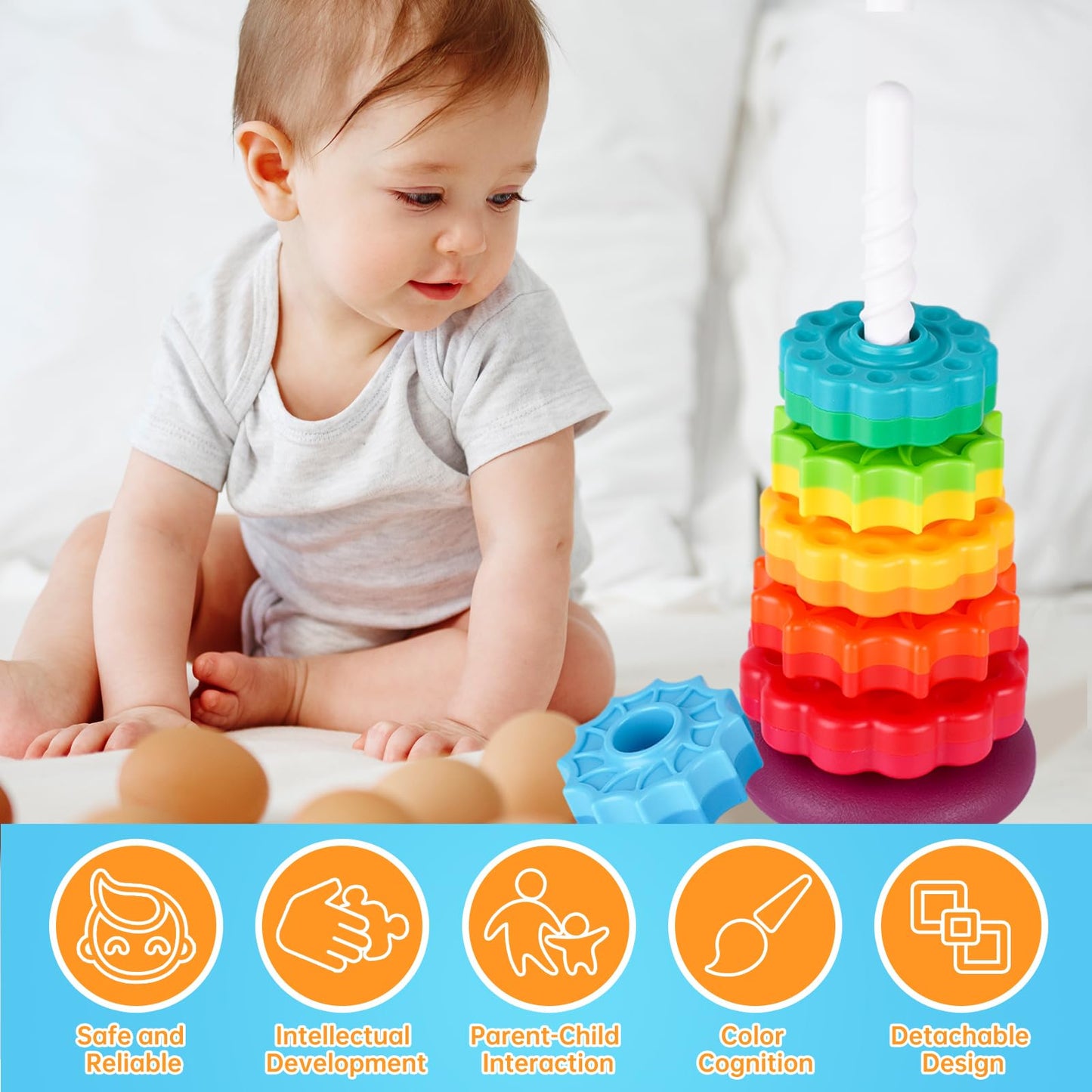 NiToy Spinning Stacking Toy for Kids, Rainbow Tower Dual-Color Spinning Wheels Premium Strong BPA-Free ABS Plastic Early Education Fun Learning and Engaging Brain Development Toys (Large 6th Floor)