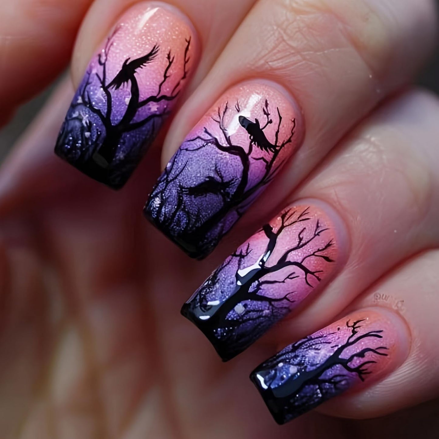 Halloween Press on Nails Purple Glitter Gradient Fake Nails with Black Withered Tree Designs Full Cover Glossy Short Square Stick on Nail Halloween Artificial Acrylic False Nail for Women 24 Pcs