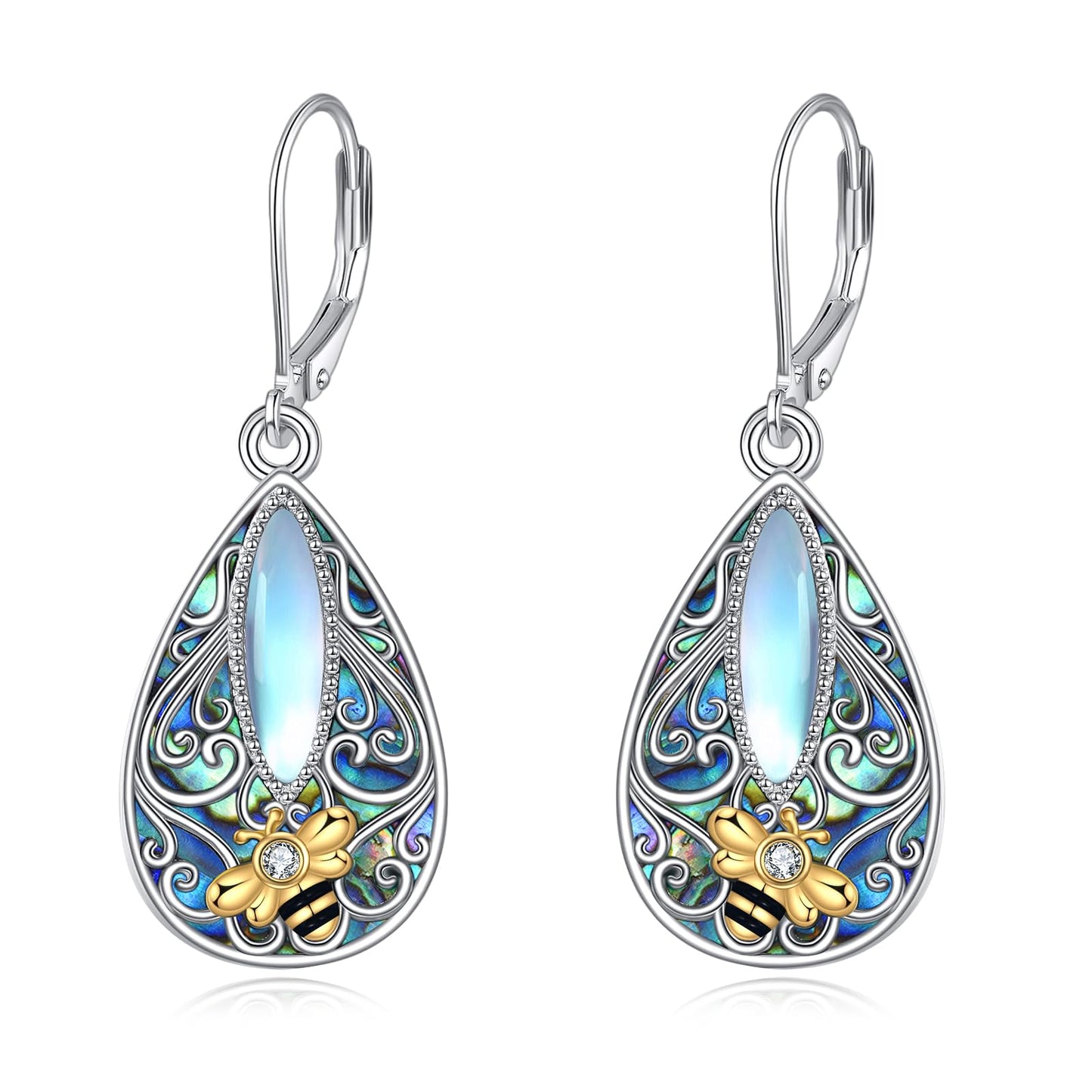 Bee Filigree Earrings Sterling Silver Teardrop Abalone Shell Drop Dangle Filigree Leverback Earrings Jewelry