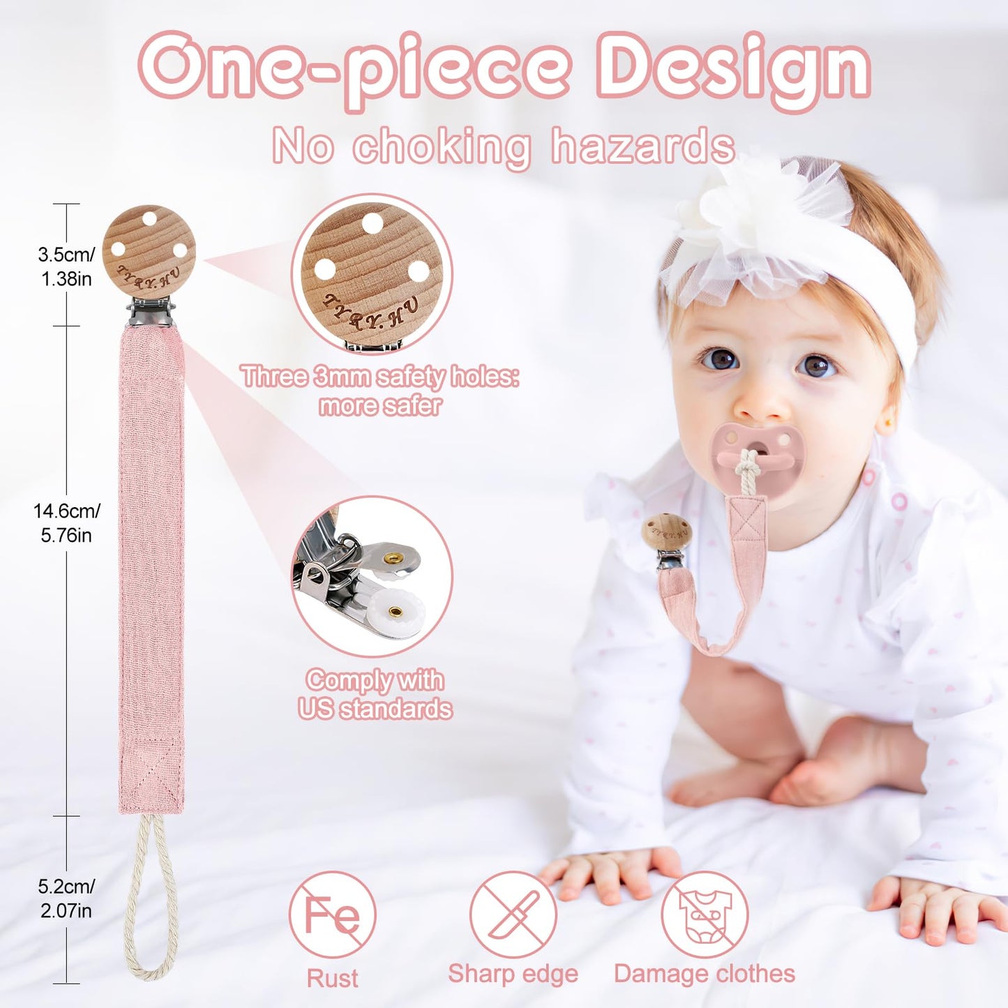 TYRY.HU Ribbon Pacifier Clip Holder,4 Pack Binky Paci Holder Clips, Pacifier Leash for Boys and Girls,Fabric Pacifier Strap Universal Fits for Most Pacifier, Styles & Teethers(Khaki,Grey,Blue,Pink)