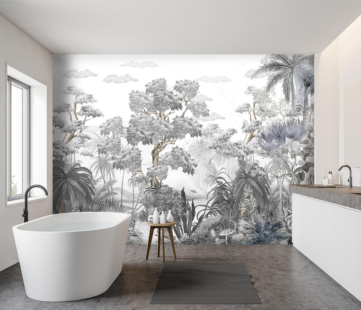 -Tropical Rainforest Botanical Grey Jungle Forest Fabric Wallpaper Living Room Palm Leaf Plant Bedroom Bathroom Large Wall Mural- 183"x120"（ not Peel and Stick）