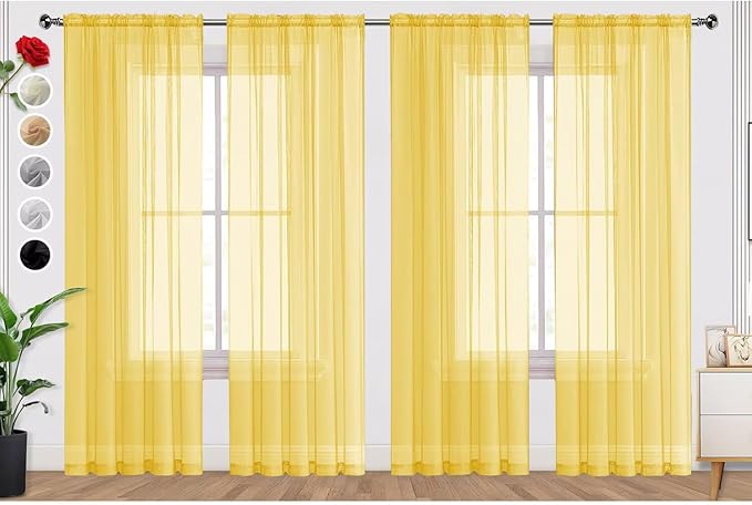 SpaceDresser Yellow Sheer Curtains 4 Panels Rod Pocket Semi-Sheer Curtain 108 Inches Long Light Filtering Voile Window Drapes for Bedroom Living Room Kitchen, Each 52W x 108L