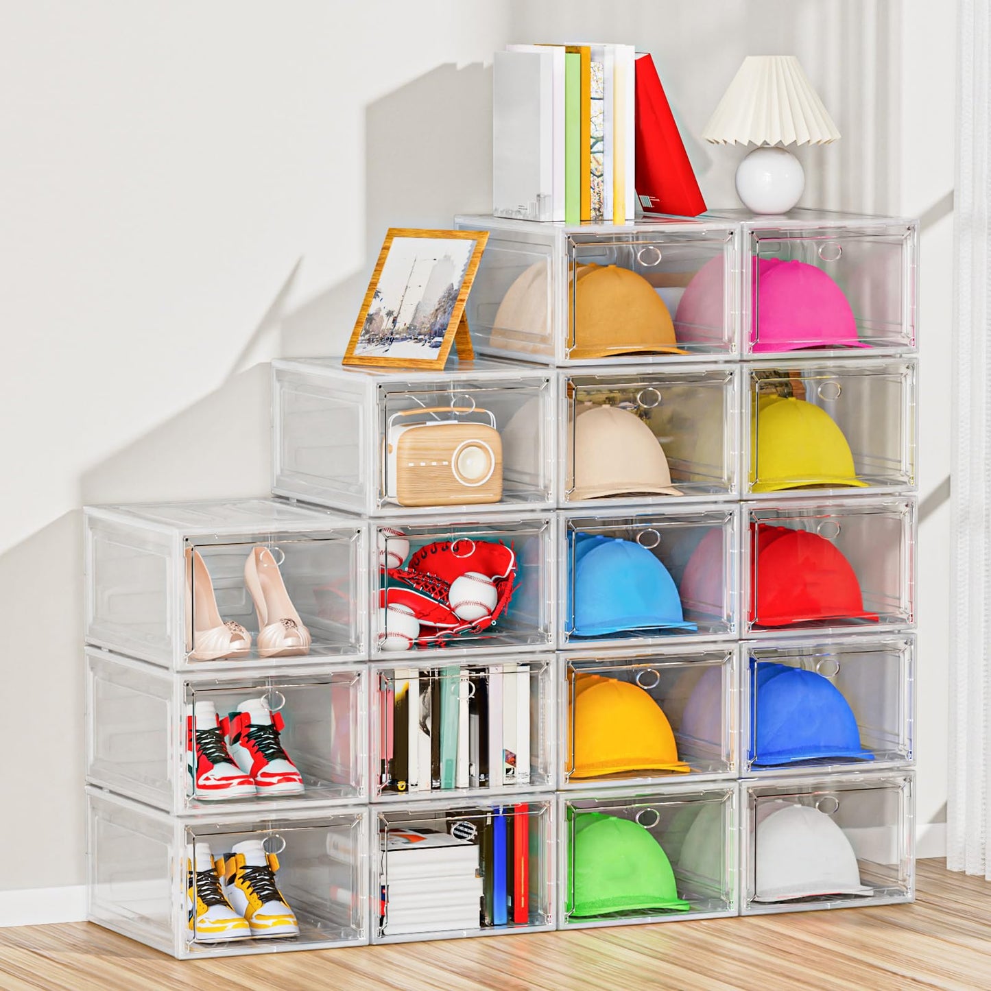YKLSLH Hat Organizer Box, 6 Boxes for 40 Pack Hats, Upgrade Harder Solid Plastic Hat Organizer for Baseball Caps, Clear Hat Storage with Magnetic Door, Hat Rack Holder Case, White