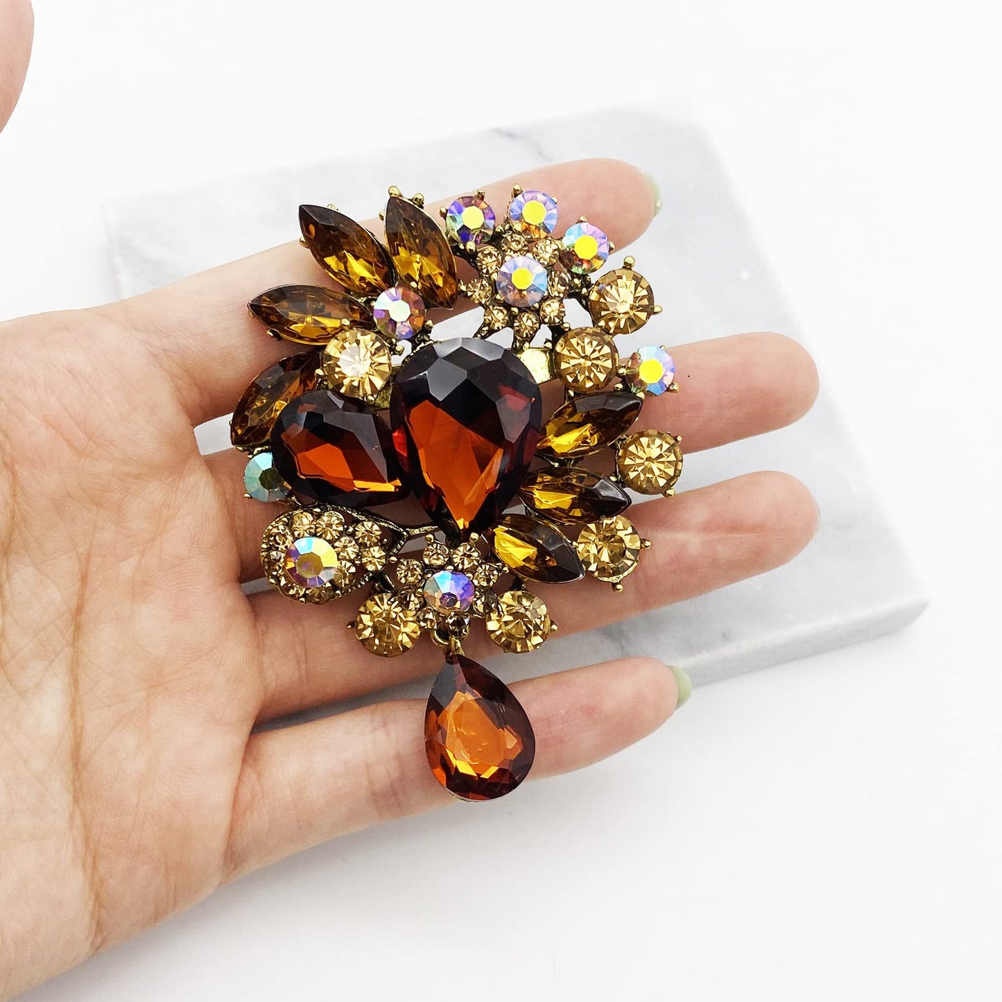 LAXPICOL Vintage Wedding Bridal Big Brown Crystal Rhinestone Tear drop Brooch Pin for Women