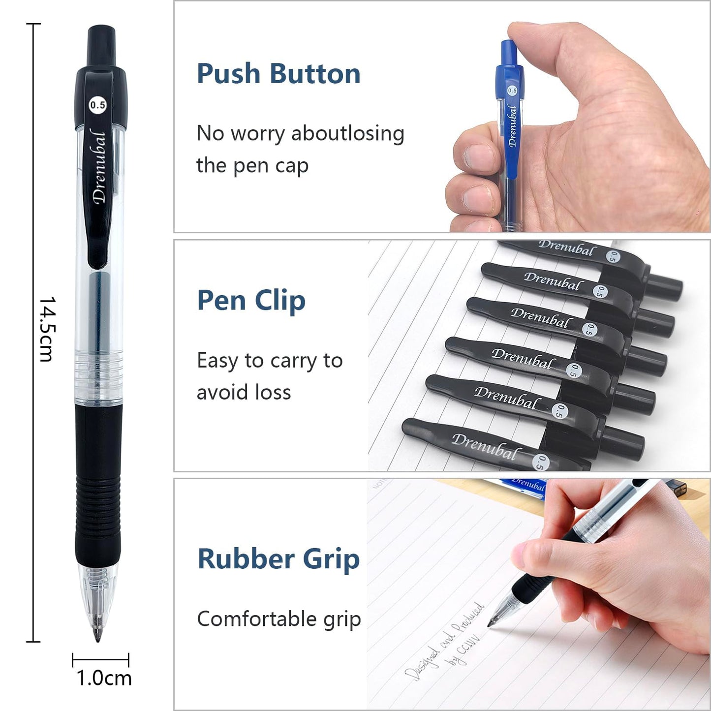 Drenubal Black Glide Retractable Ball Pens, Medium Point (0.5mm), Comfortable Rubber Grip For Writing, 48-Count Pack
