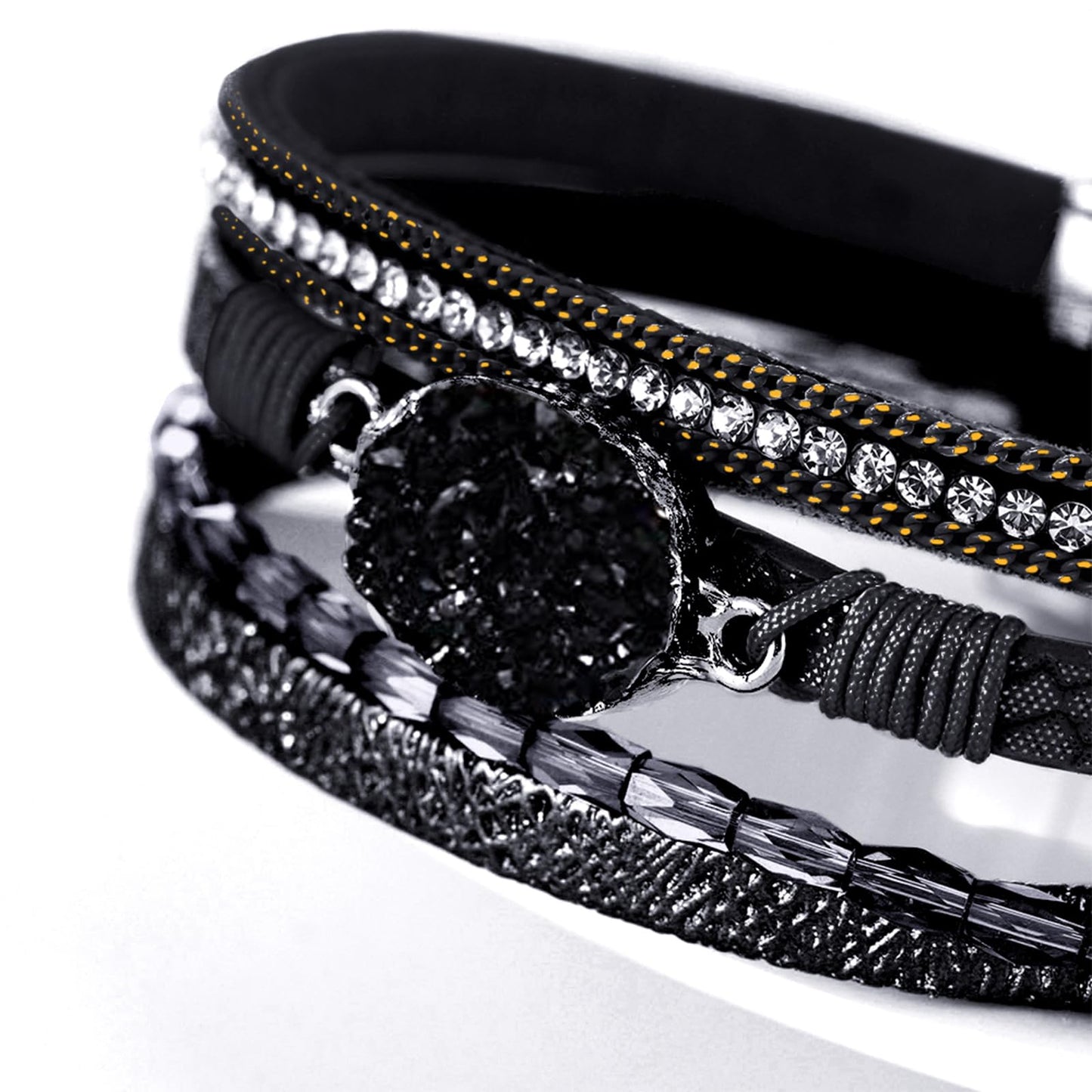 Fesciory Leopard Bracelet for Women, Boho Leather Wrap Multi-Layer Pearl Crystal Bracelet Bangle Jewelry(Black Stone(Short))