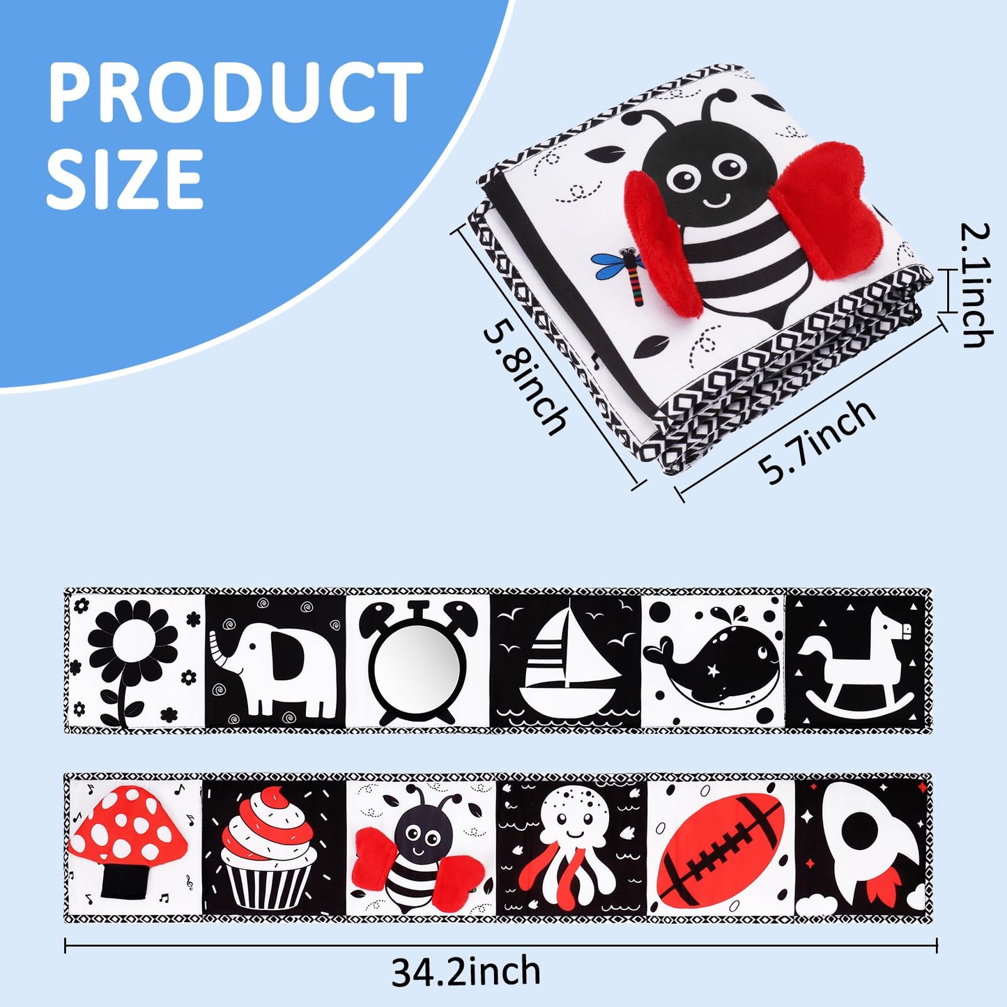 Black and White High Contrast Toys for Baby 0-3 3-6 months Infant Tummy Time Soft Book Sensory Musical Toy 0-2-4-6 month Babies Brain Development Crinkle Book Mirror Newborn Easter Basket Stuffer