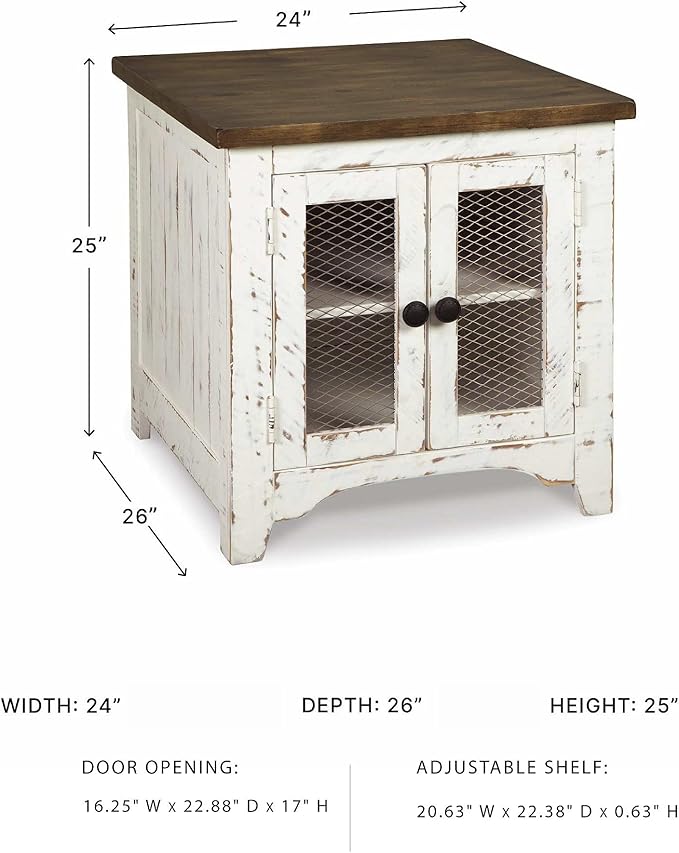 Signature Design by Ashley Wystfield Farmhouse End Table with Storage, Distressed White & Brown Finish