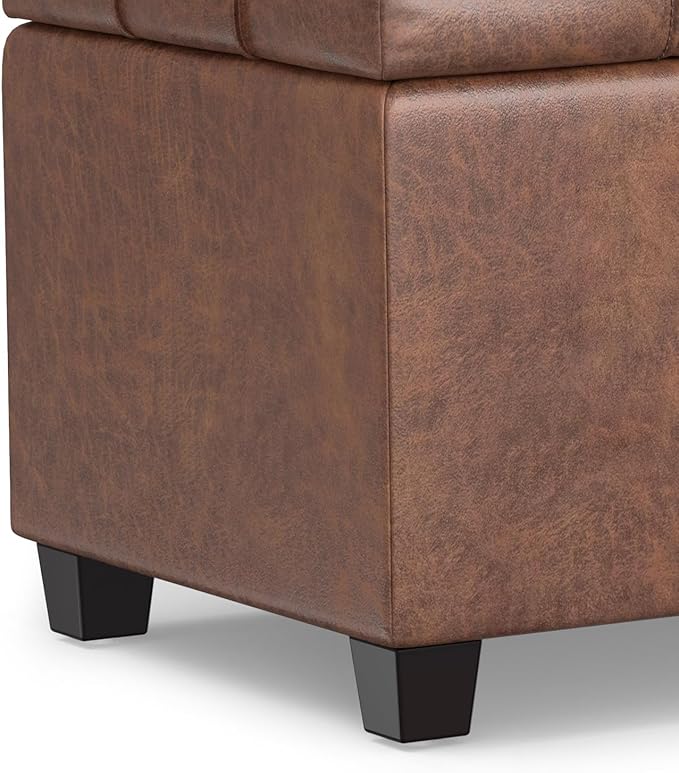 SIMPLIHOME Sienna 33 inch Wide Transitional Rectangle Storage Ottoman Bench in Distressed Saddle Brown Vegan Faux Leather, Assembled, for The Living Room, Entryway and Family Room