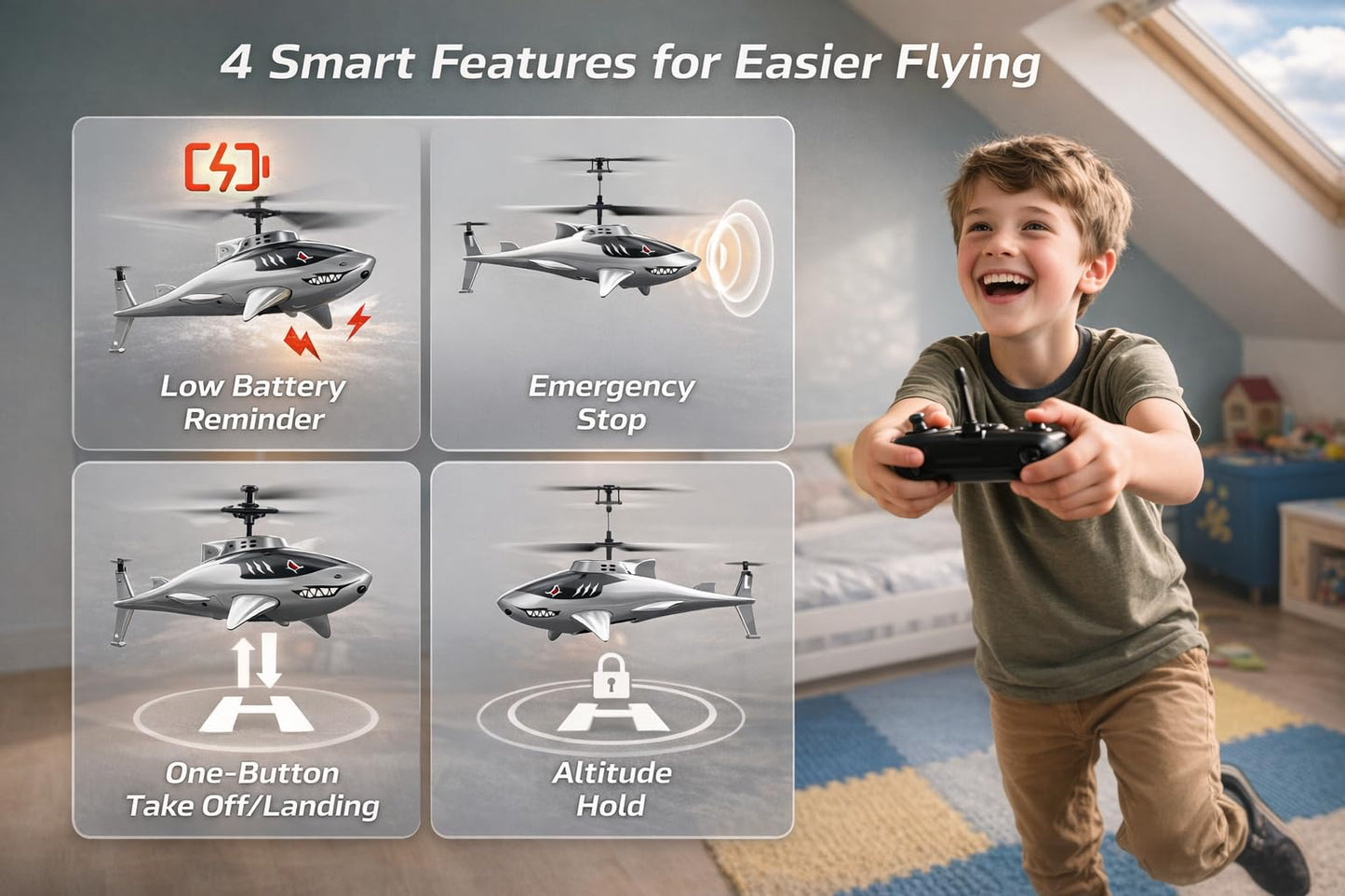 DEERC Remote Control Helicopter for Kids and Adults, RC Shark Helicopter with Altitude Hold, One Key Takeoff/Landing, LED Lights, 2 Batteries, 24 Min Flight Time, Indoor Flying Toy Gift