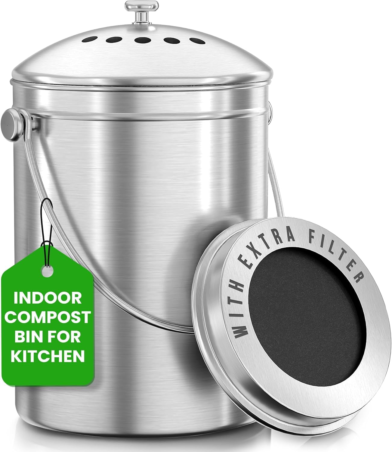 Utopia Kitchen Countertop Compost Bin Kitchen with Charcoal Filter -1.3gallon Stainless Steel Kitchen Compost Bin Countertop - Ideal Kitchen Essentials or Small Composter for Under The Sink Trash