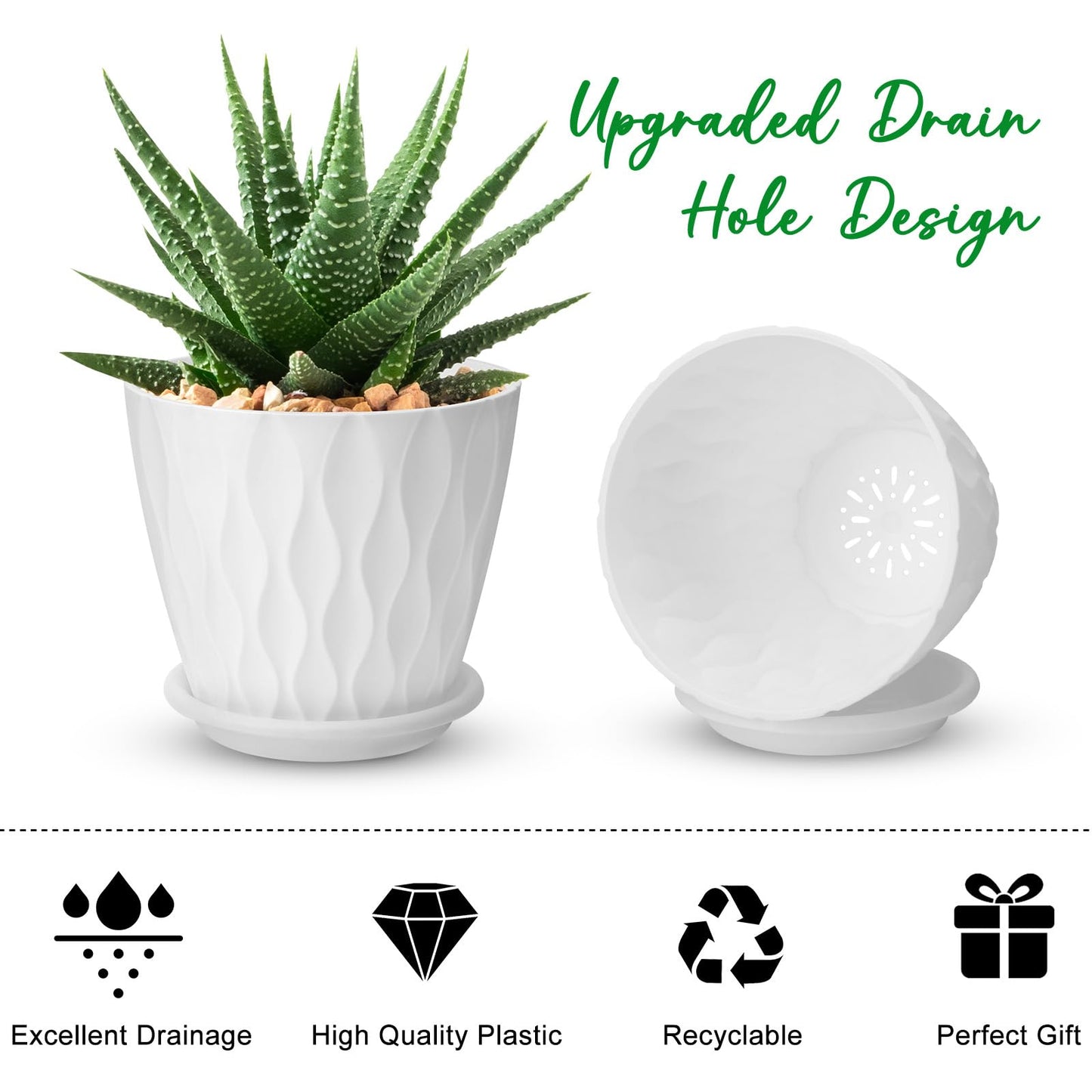 YNNICO 4 inch Plant Pots, 5 Pack Flower Pots Outdoor Indoor, Planters with Drainage Holes and Tray Saucers（White）