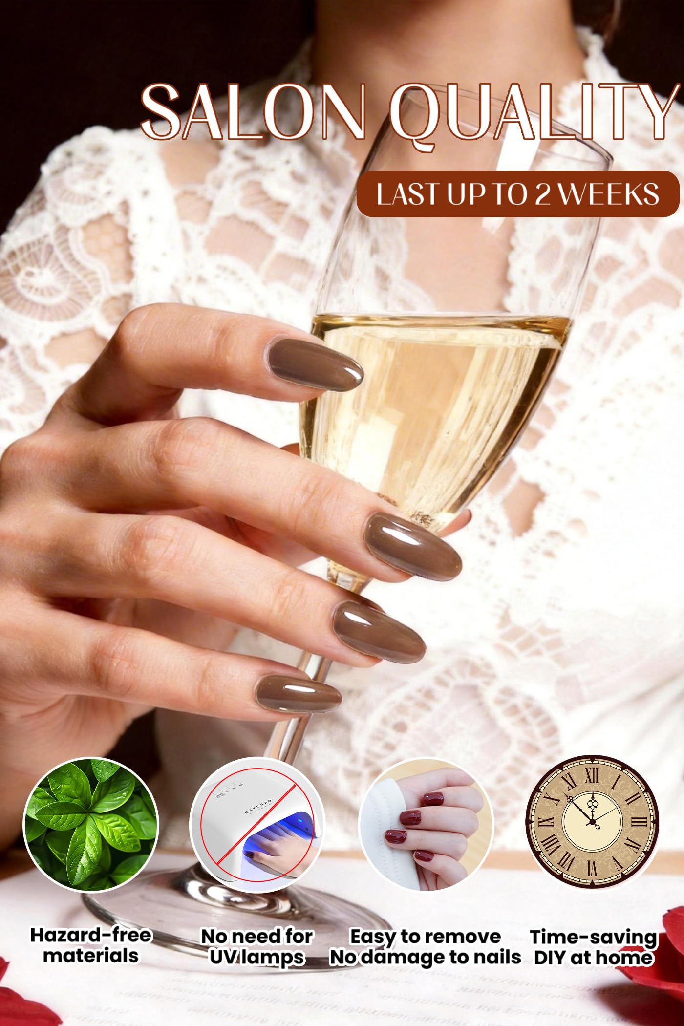 Gel Nail Strips 44Pcs, No UV/LED Lamps Needed, Pre-Cured Nail Stickers for Women Salon Quality, Polish Wraps Long Lasting, Easy Apply & Remove (Brown)