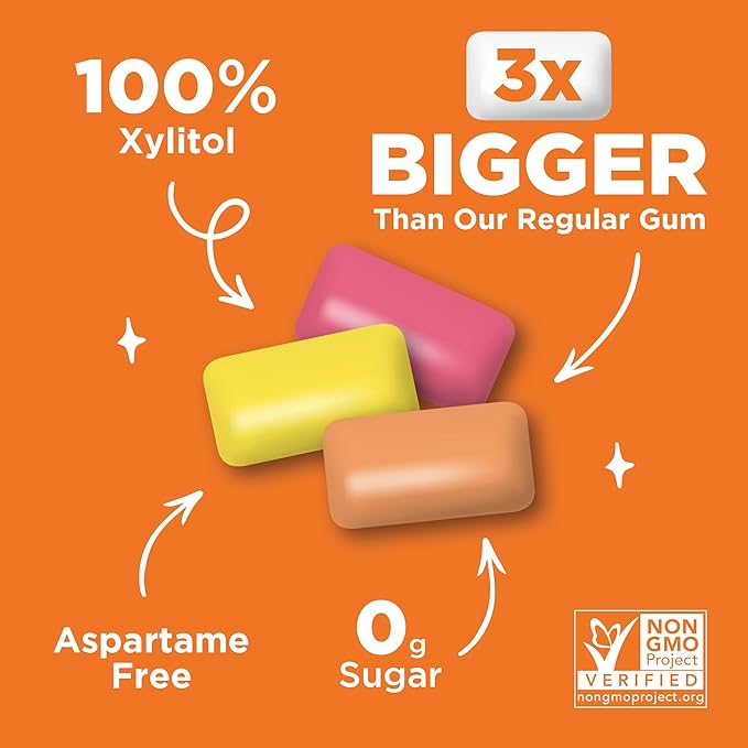 PUR Jumbo Gum | Aspartame Free Chewing Gum | 100% Xylitol | Natural Strawberry, Banana, Orange Flavor, 20 Pieces (Pack of 10)