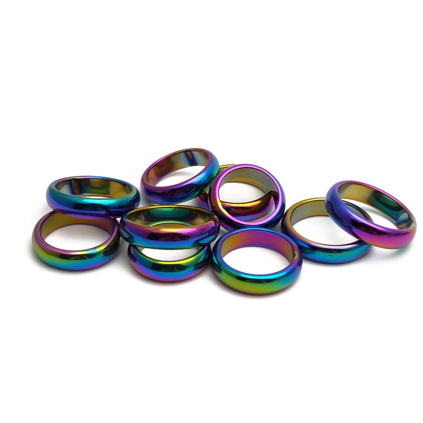 Morchic 10Pcs Pack Rainbow Hematite Stone Rings for Women & Men, Unisex Plain Band Set (6mm Width) - Mixed Sizes 6-12, Chakra Balancing, Polished Gemstone, Gift Ready