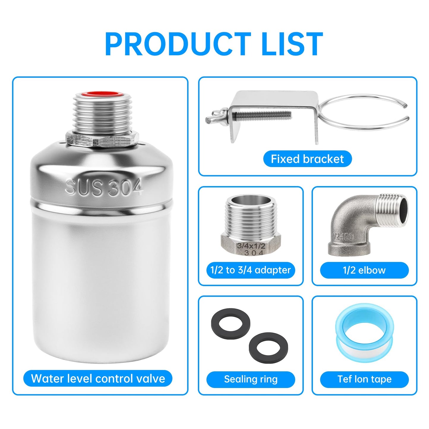 2 Pack Water Float Valve,1/2" to 3/4'' 1'' 304 Stainless Steel Fully Automatic Water Level Controller Float Valve