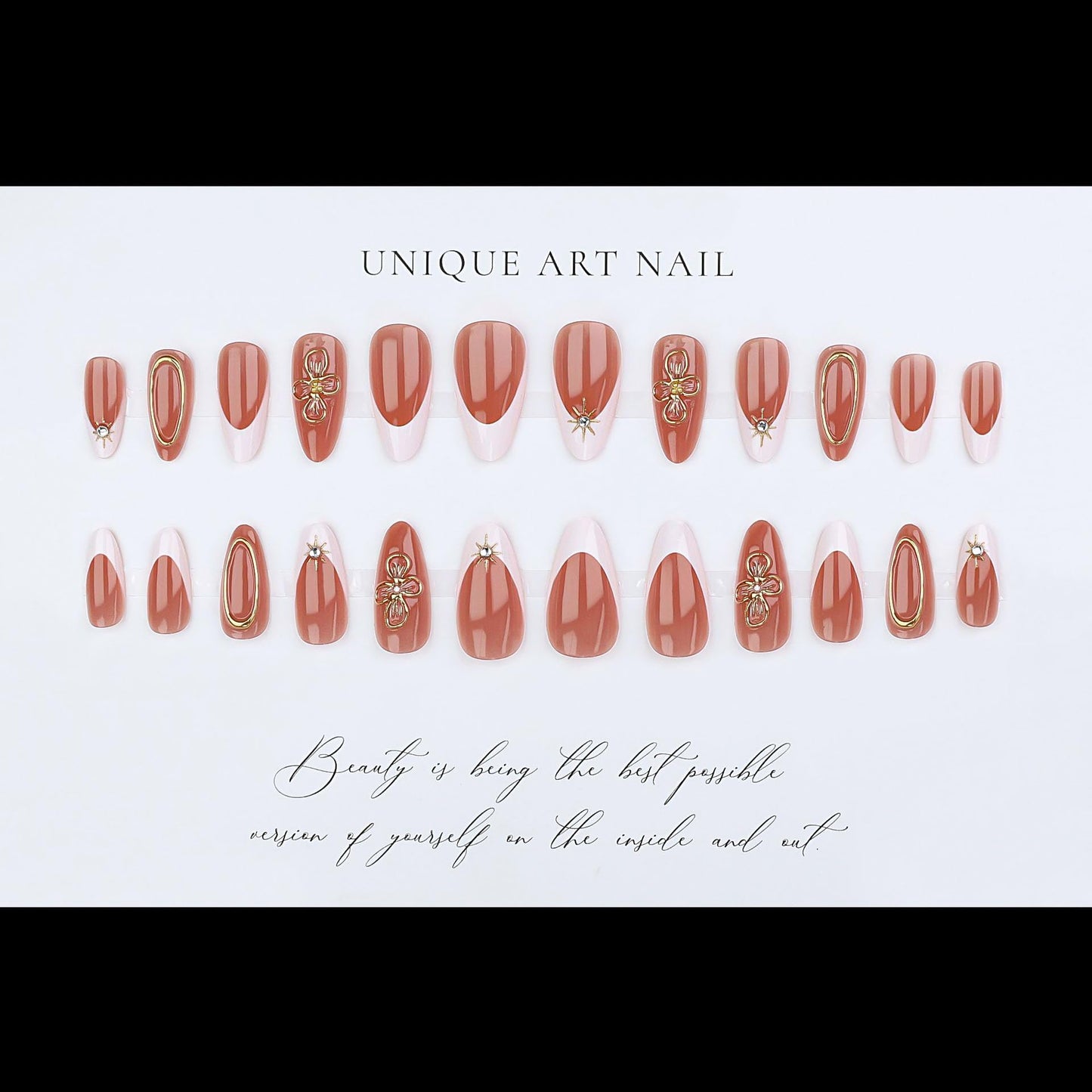 RUOKEXIN Almond Press on Nails French Tip Fake Nails Gold Sparkly False Nails with 3D Flower Designs Medium Nail Press ons Spring Summer Artificial Nails for Women 24Pcs