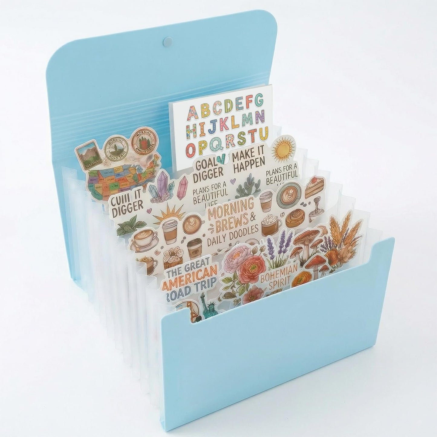 Sticker Storage Organizer with 13 Expandable Pockets, Multi-Layer Desktop Sticker Binder for Scrapbook Essentials and Journal Organizer, Large Capacity for Thick Sticker Album, Washi Tape(Blue)