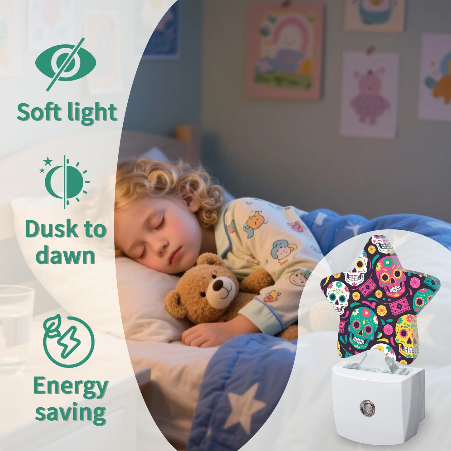 Skeleton Star Night Light Plug in, Decorative Night Light for Kids Room Nursery Bedroom, Soft Glow Sensor Lamp for Hallway Bathroom, Compact Energy Saving