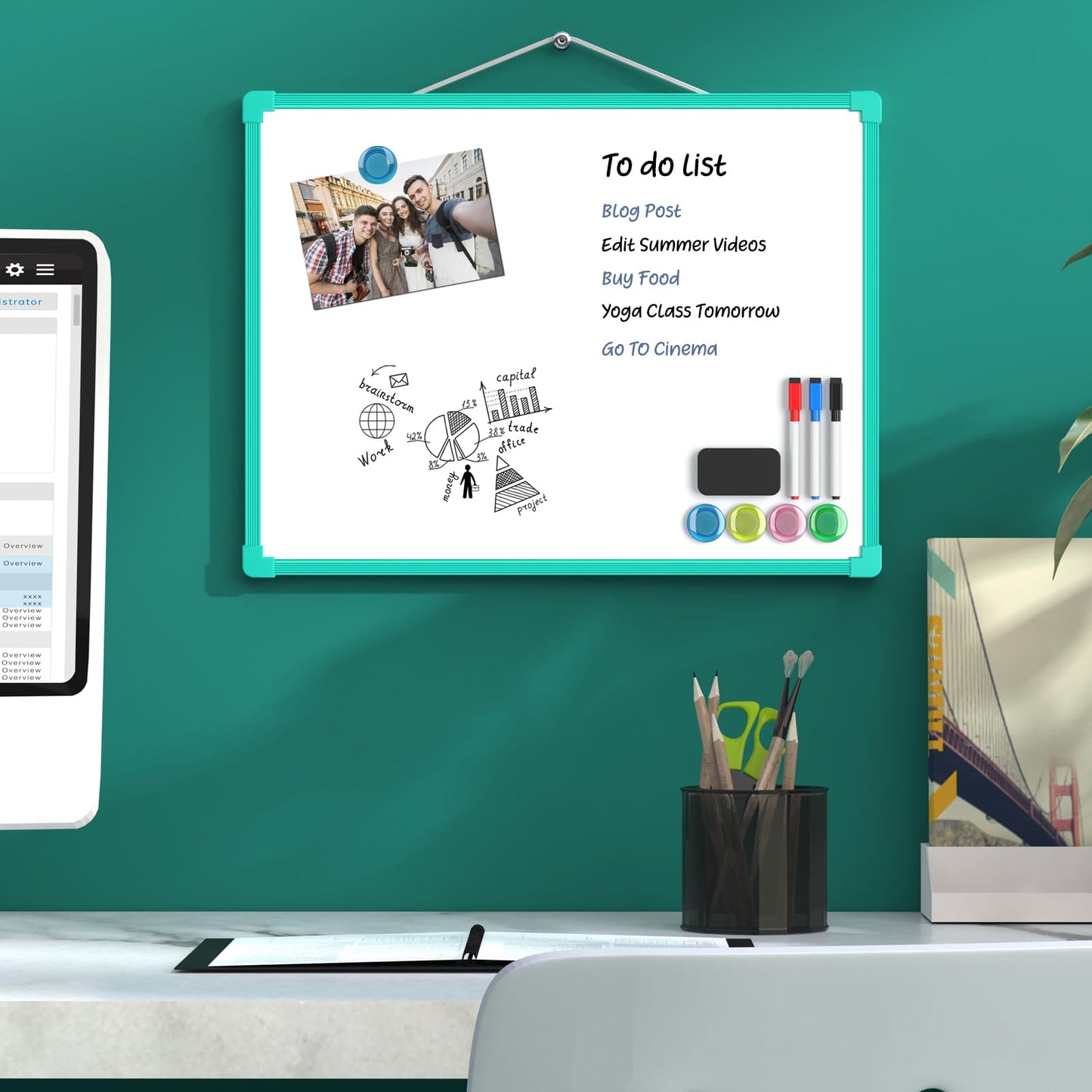 MaxGear Double-Sided Dry Erase Board for Wall, 16"x12" Hanging Whiteboard, Small Dry Erase White Board kit, Portable Whiteboard for Planning, Drawing, Memo, to Do List, Green Frame