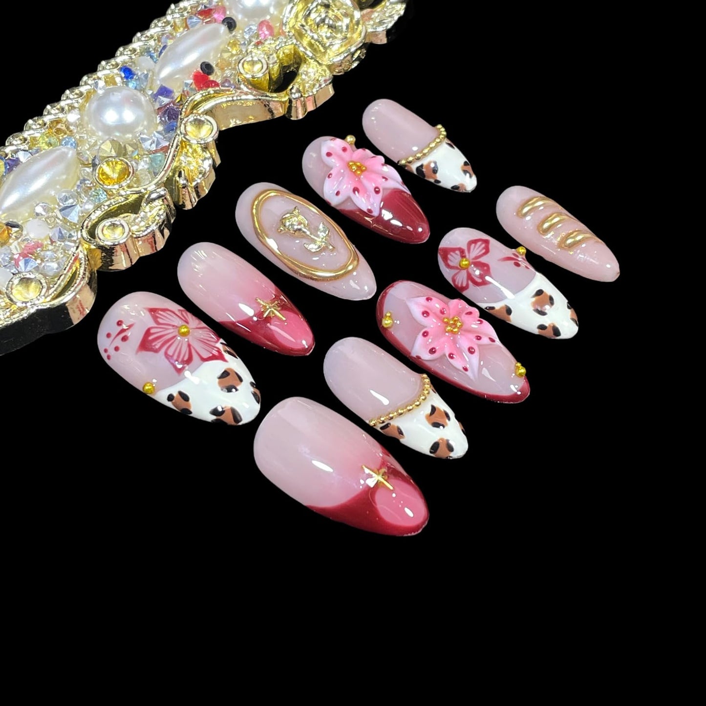 Handmade Press on Nails, Medium Almond Shape, 3D Floral Design with Gold Accents, Leopard Print Acrylic False Nails (Gilded Feline, L)
