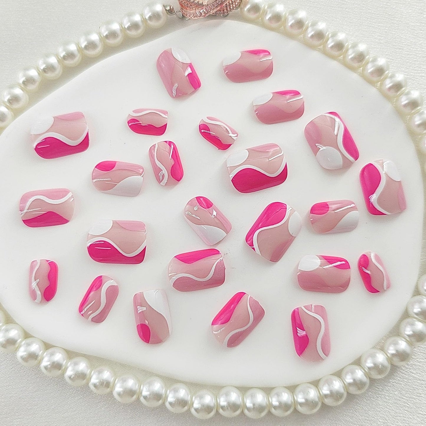 Square Press on Nails Short False Nails Rose Red with White Curve Glue on Nails Nude Full Cover Fake Nails Press ons Glossy Acrylic Nails Artificial Stick on Nails for Women 24Pcs
