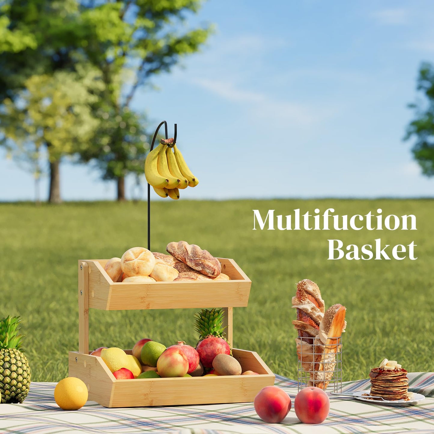 PULIJIAJU Bamboo Fruit Basket, Fruit Holder With Banana Hanger, Fruit Bowl, Kitchen Counter For Fruit and Vegetable Storage, Bread Basket, Snack Organizer Holds (Natural, 2-Tier)