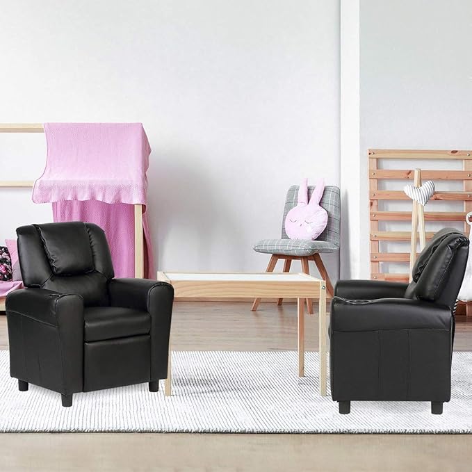 Costzon Kids Recliner Chair with Cup Holder, Toddler Furniture Children Armrest Sofa w/Headrest & Footrest for Girls Boys Baby Bedroom, Kids Room, PU Leather Kids Recliner Couch (Black)