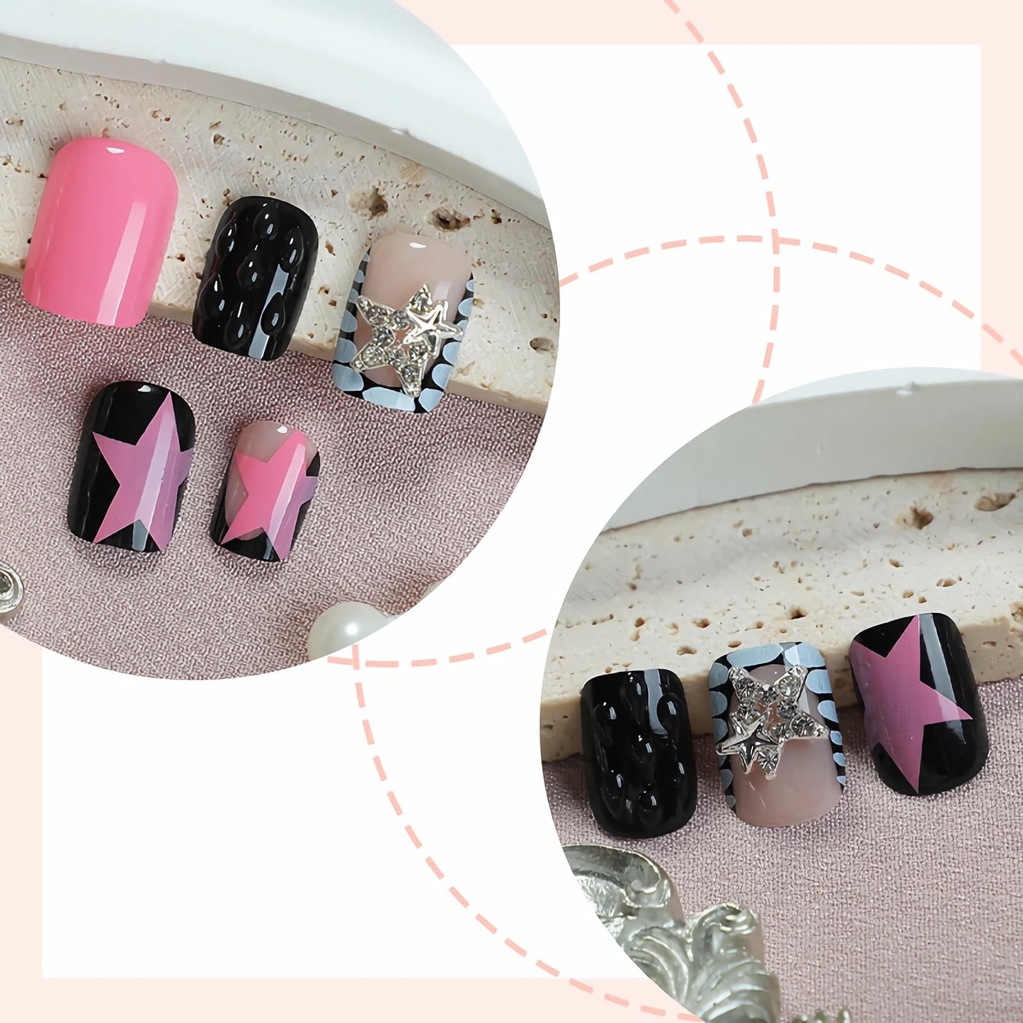 BABALAL Y2K Press On Nails, Short Square Fake Nails with Pink Star Print, Black White Acrylic Stick On Nails for Women 24Pcs