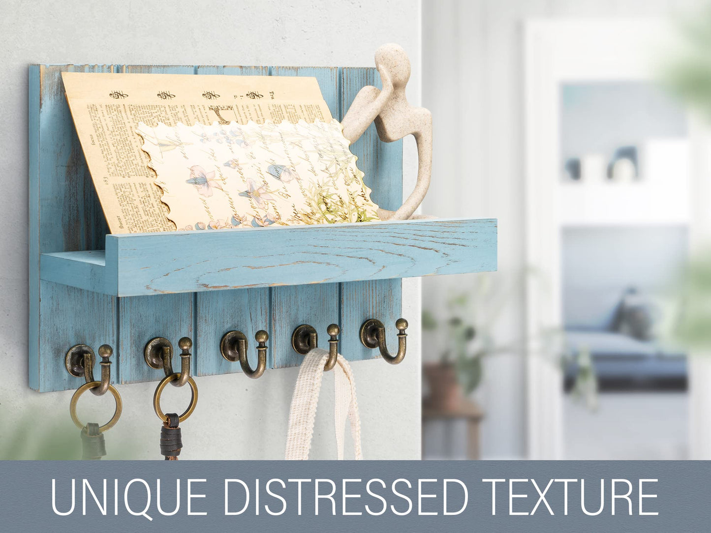Rebee Vision Decorative Key Holder for Wall - Farmhouse Mail Organizer and Key Hanger Wall Mount for Floating Shelf with Hooks - Mid Century Home Decor Aesthetic (Distressed Blue,10-inch)