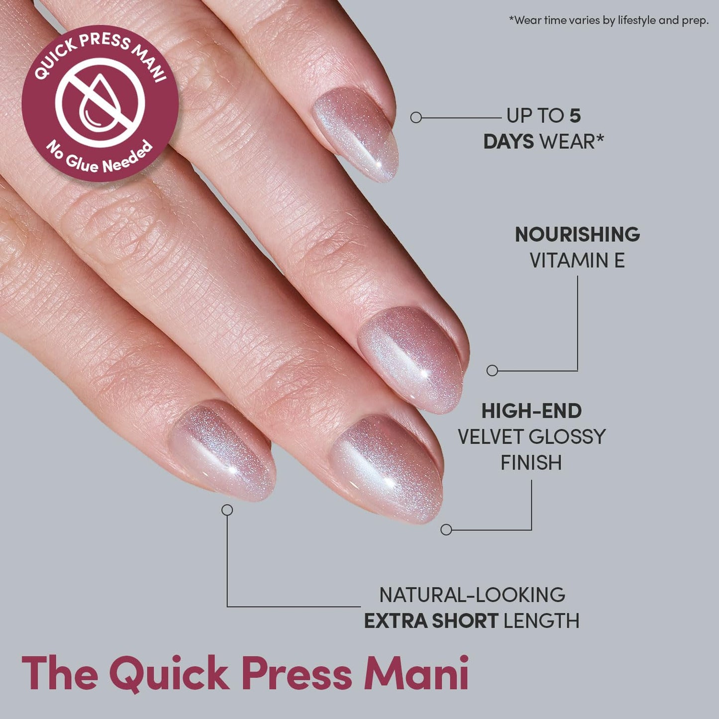Glamnetic Quick Press Mani - No Glue Press On Nails, Just Peel and Stick, Oval Extra Short Nails, Mess Free, Salon Quality Stick On Nails, Nude Glazed | in 15 Sizes - 30 Nail Kit