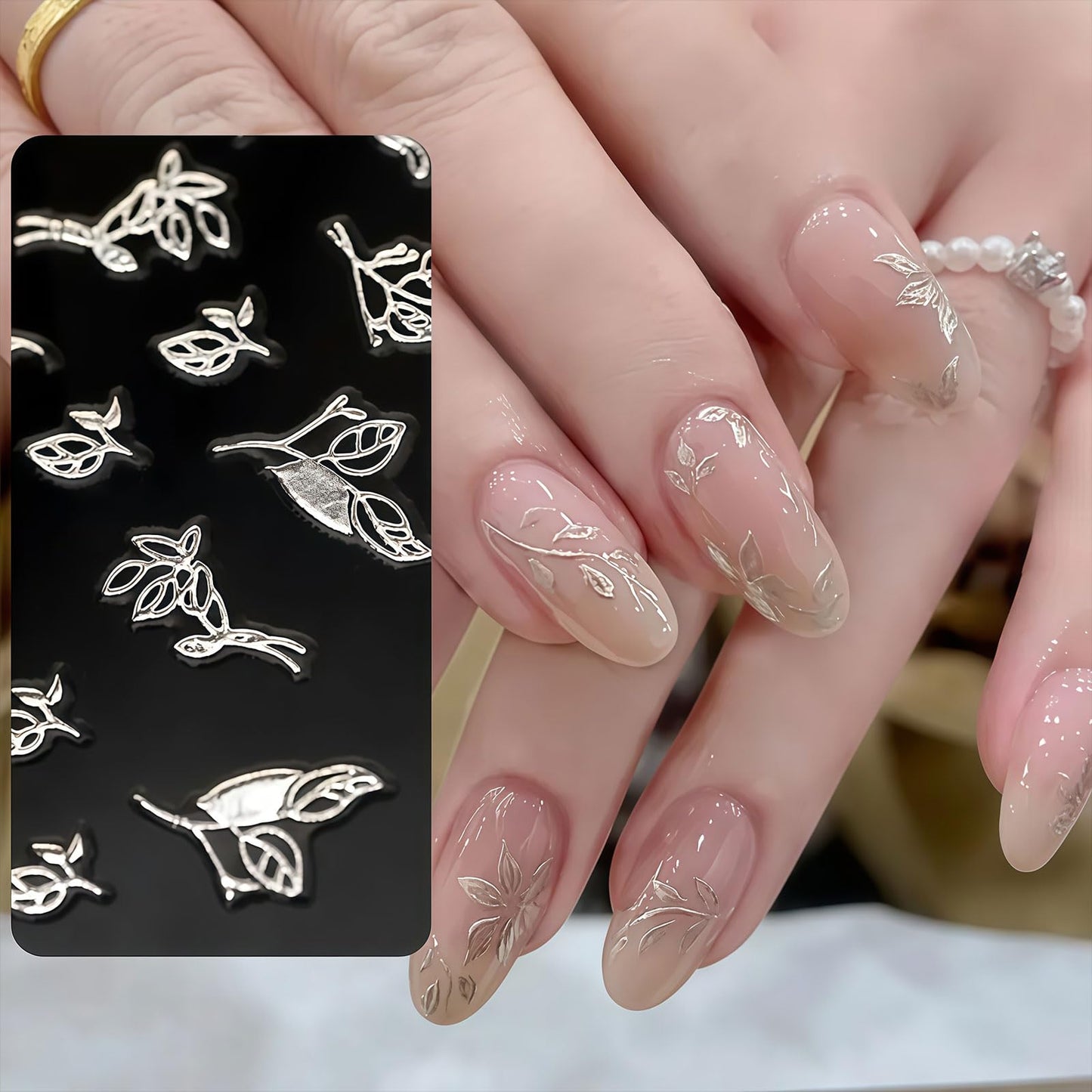 30 Sheets Silver Bohemian Nail Stickers, 3D Self Adhesive Retro Lace Leaf Cat Nail Decals Designs Decorations Accessories for Women Girls, Wedding Party Nails